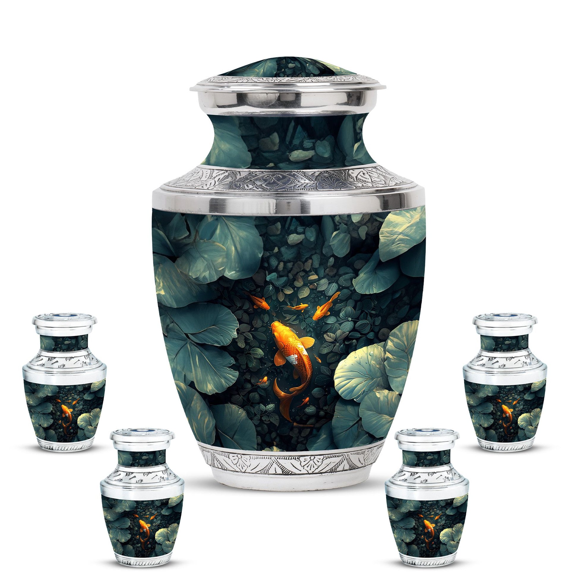 Gold Fish Theme Large Urn With 4 Keepsake Urn