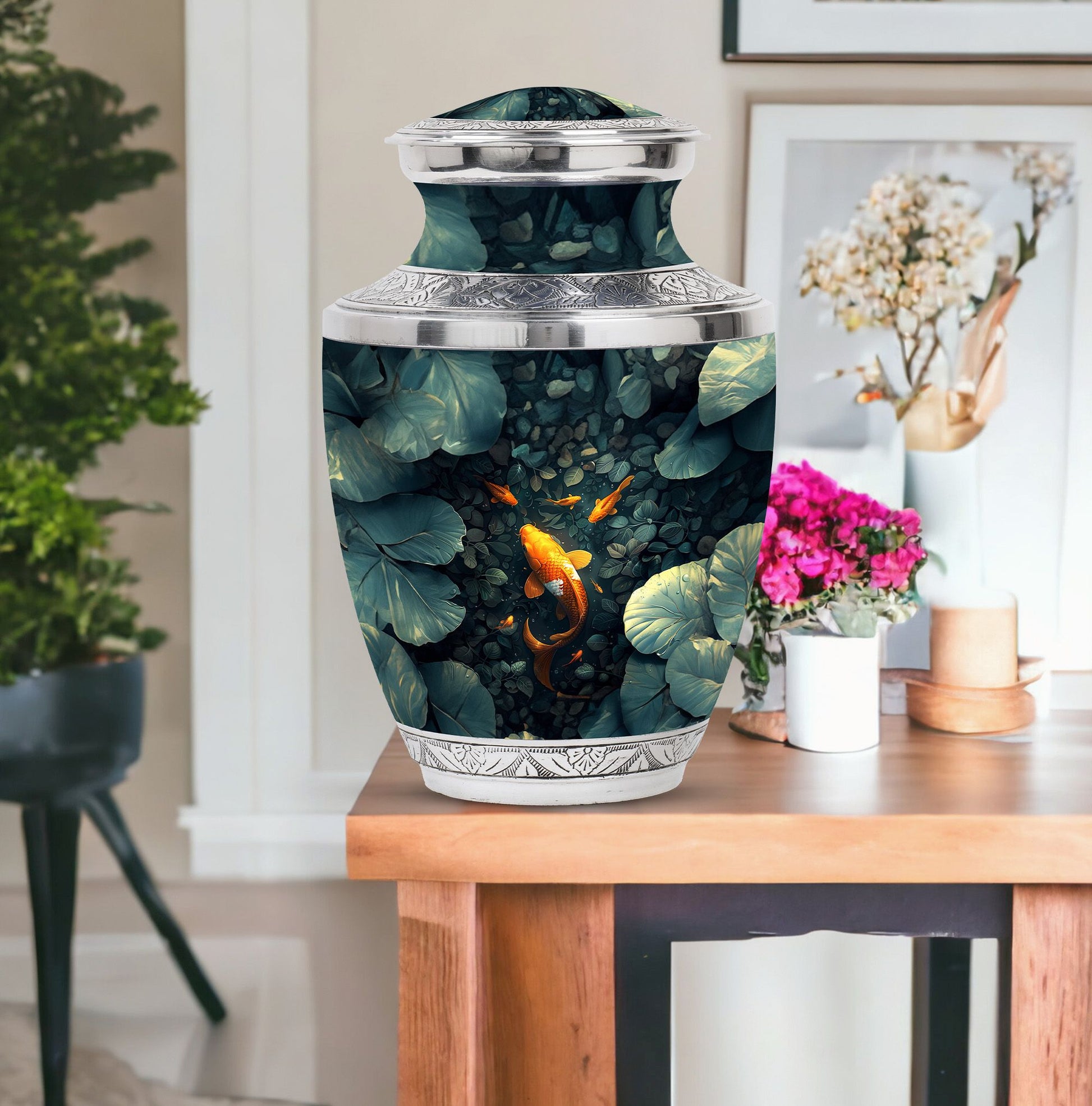 Gold Fish Theme Large Urn With 1 Keepsake Urn
