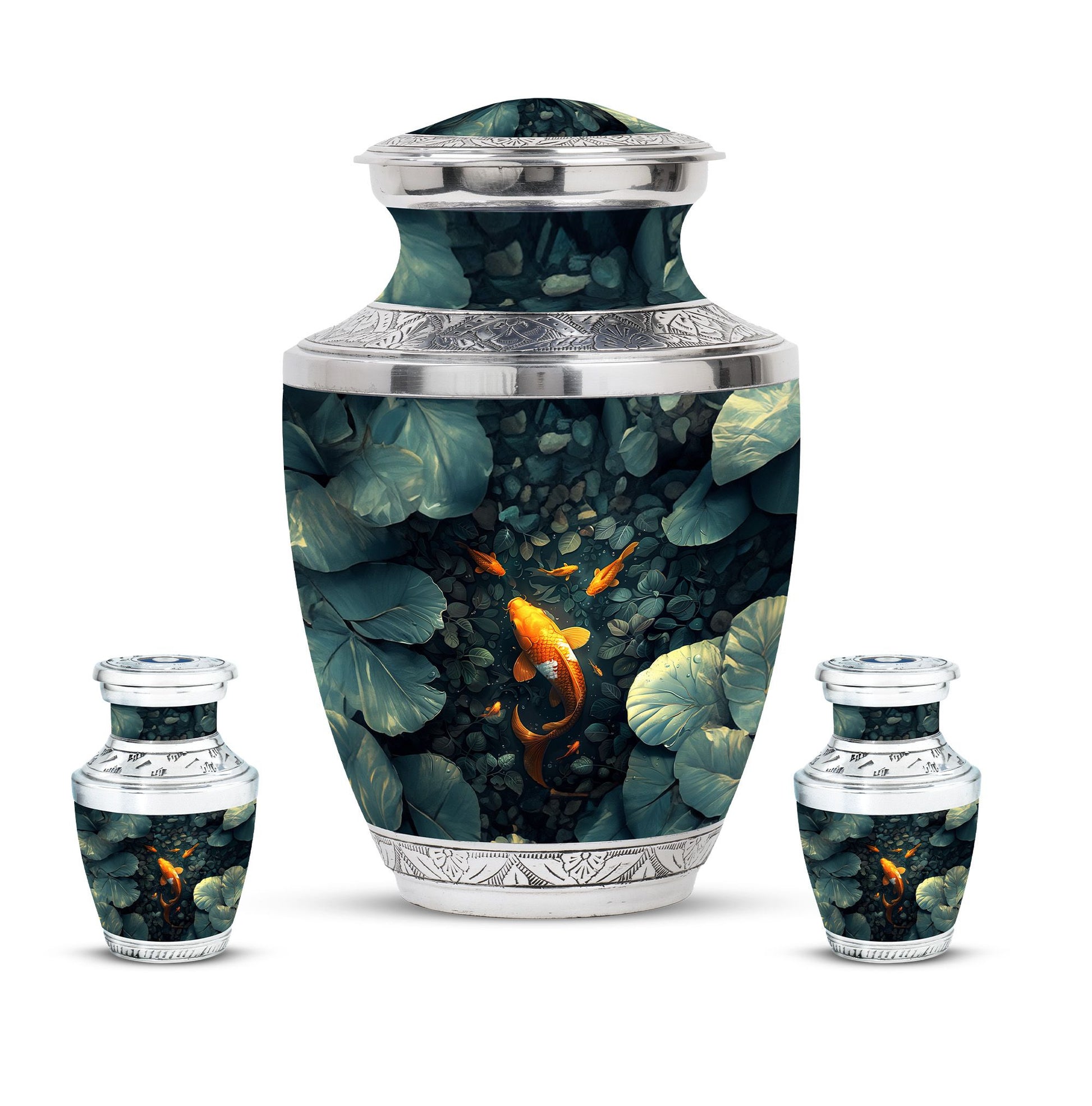 Gold Fish Theme Large Urn With 2 Keepsake Urn