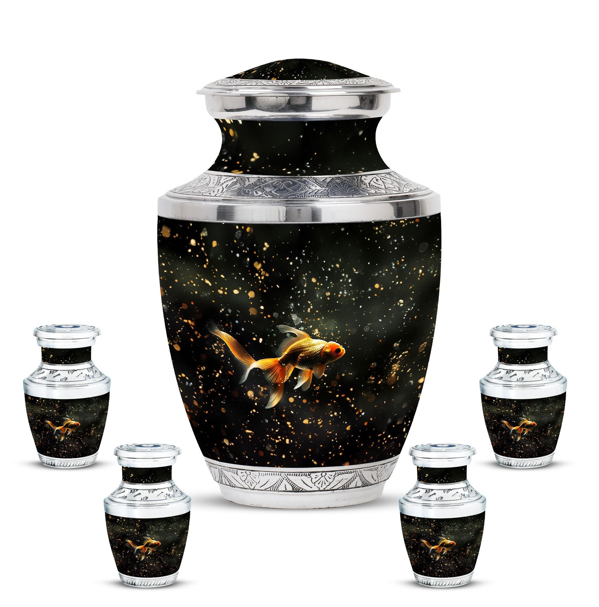 Gold Fish Theme Large Urn With 4 Keepsake Urn