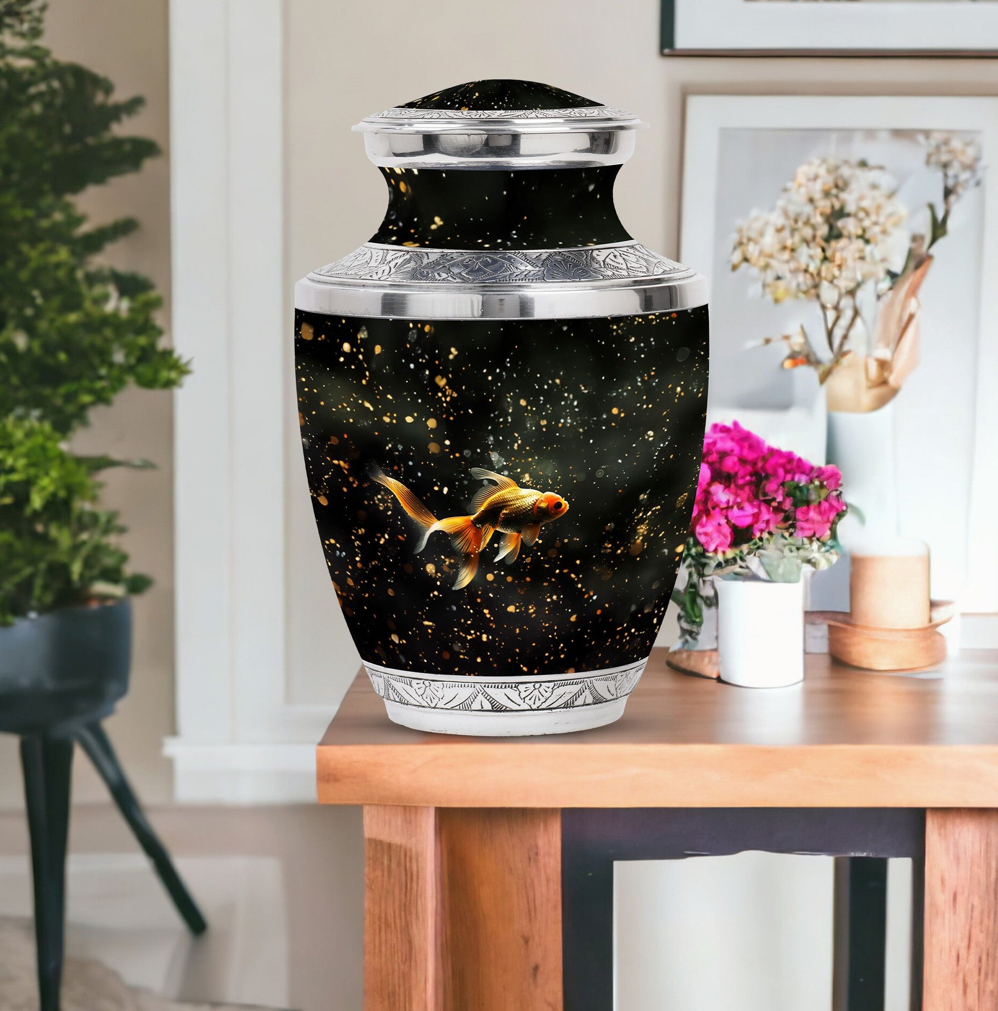 Gold Fish Theme Large Urn With 1 Keepsake Urn