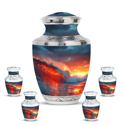 Ocean Waves Theme Large Urn With 4 Keepsake Urn