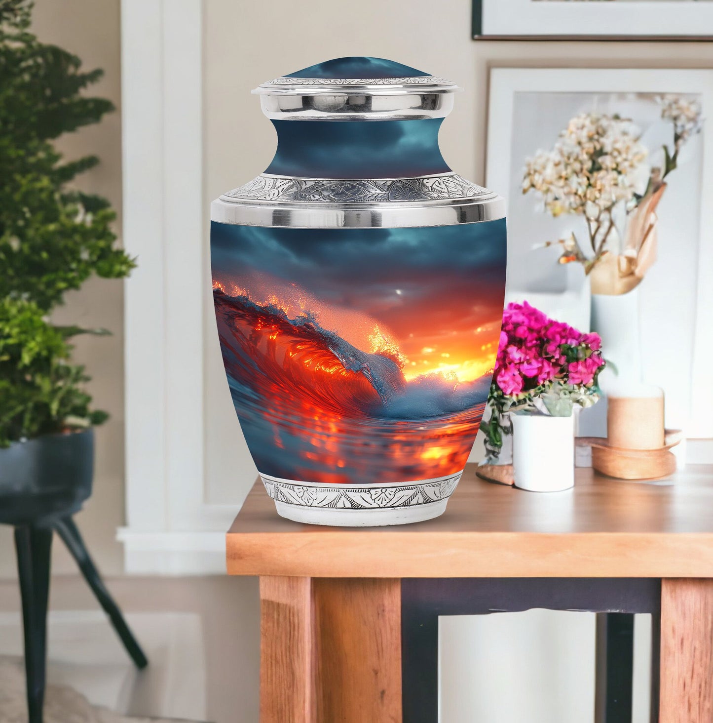 Ocean Waves Theme Large Urn With 1 Keepsake Urn