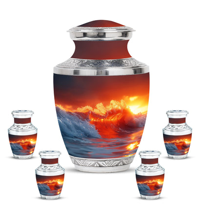 Ocean Waves Theme Large Urn With 4 Keepsake Urn
