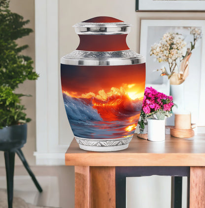 Ocean Waves Theme Large Urn With 1 Keepsake Urn