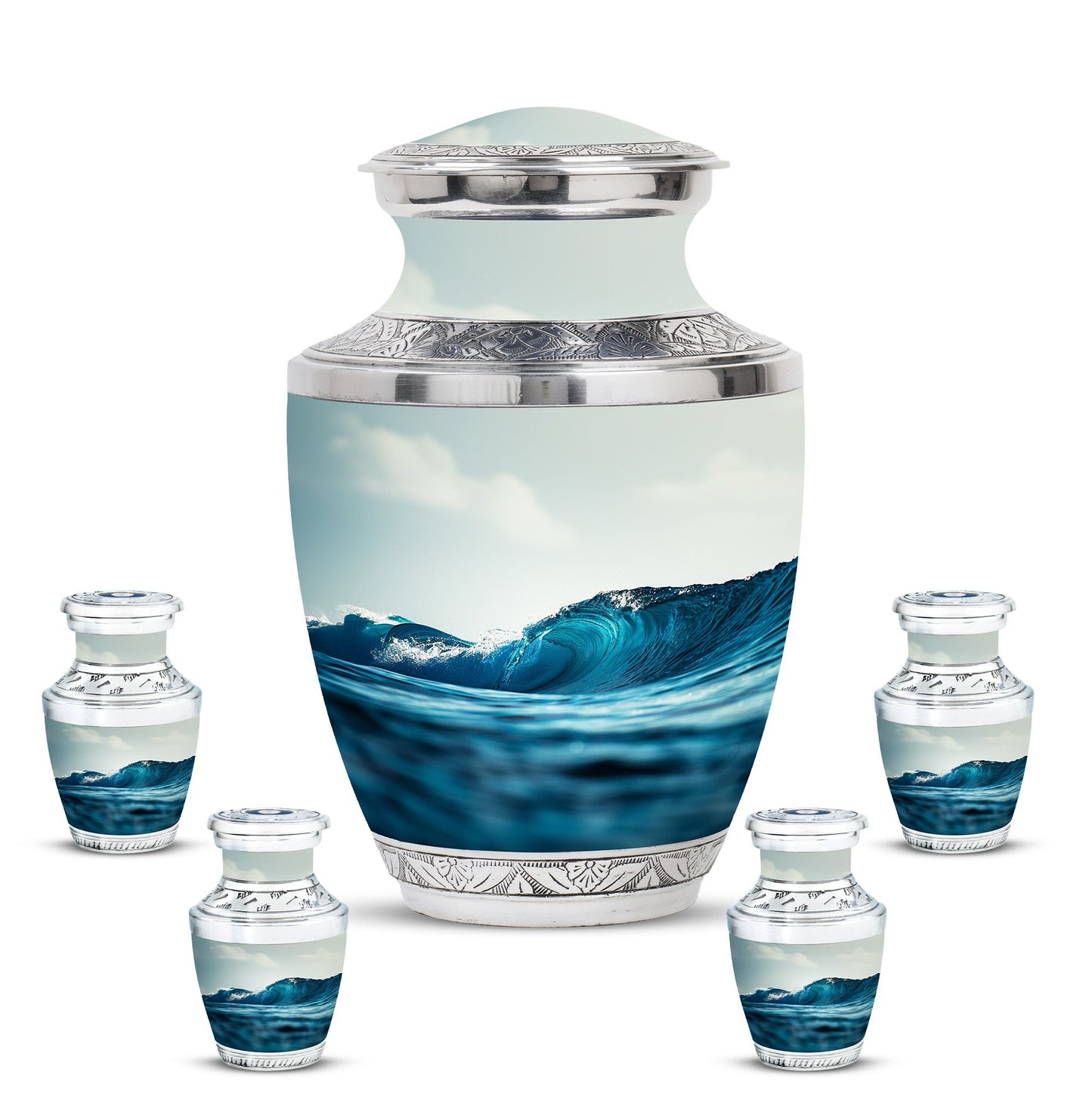 Ocean Waves Theme Large Urn With 4 Keepsake Urn