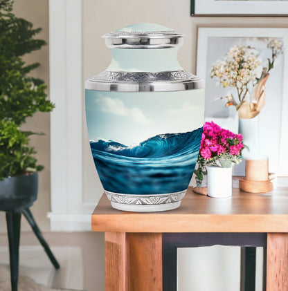 Ocean Waves Theme Large Urn With 1 Keepsake Urn