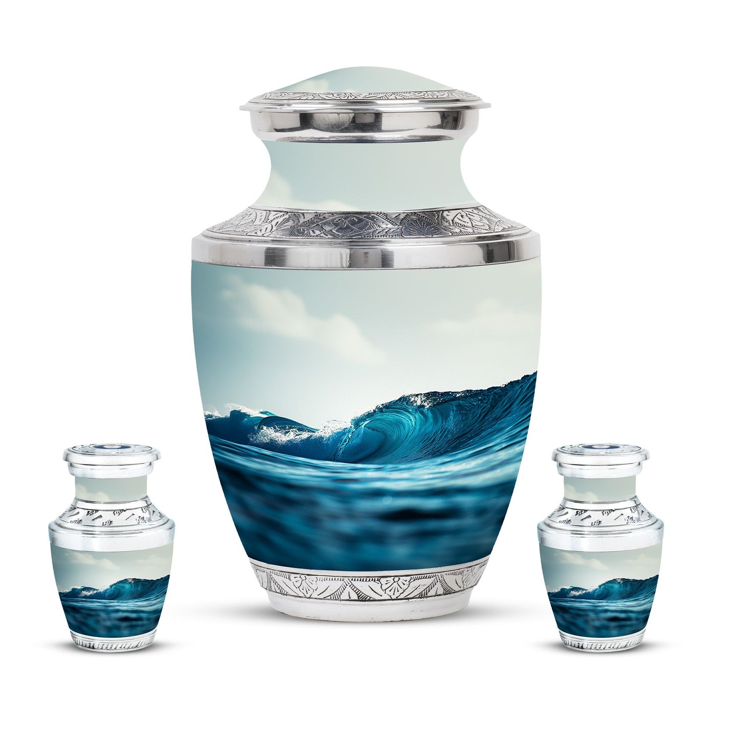 Ocean Waves Theme Large Urn With 2 Keepsake Urn