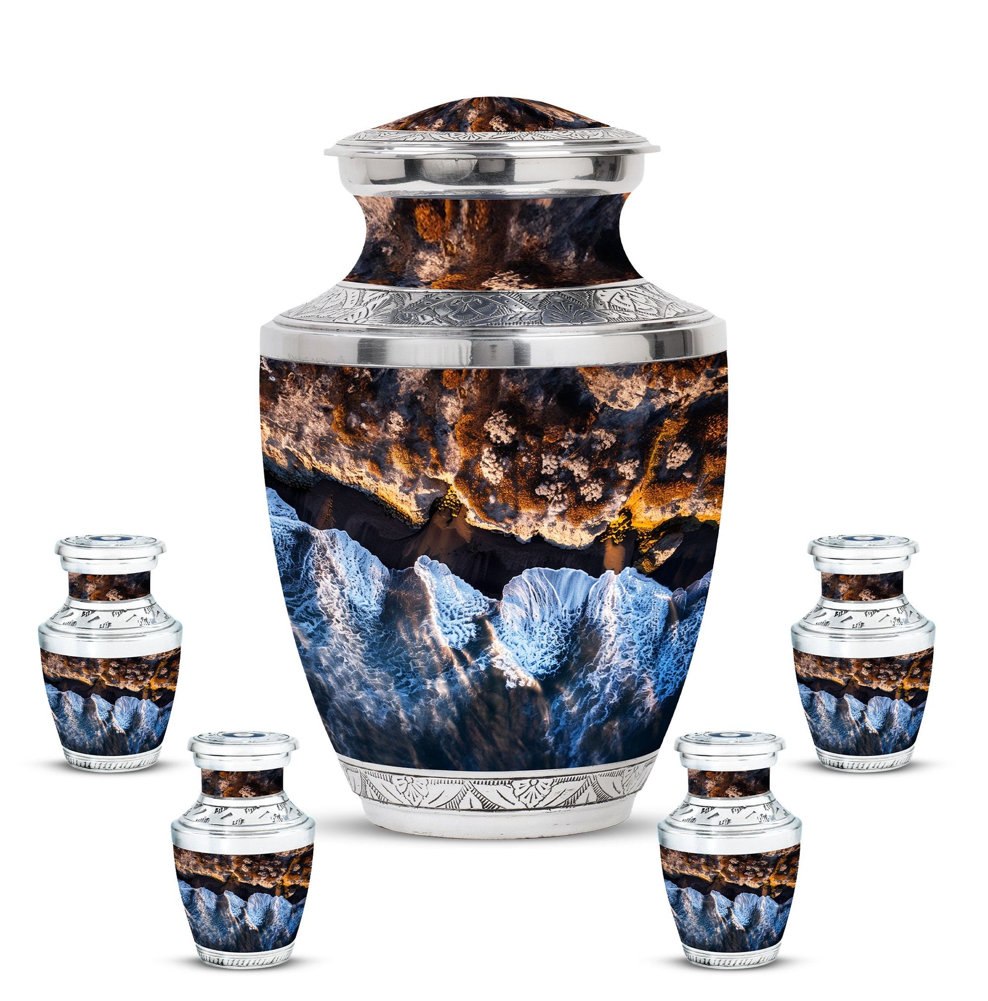 Ocean Waves Theme Large Urn With 4 Keepsake Urn
