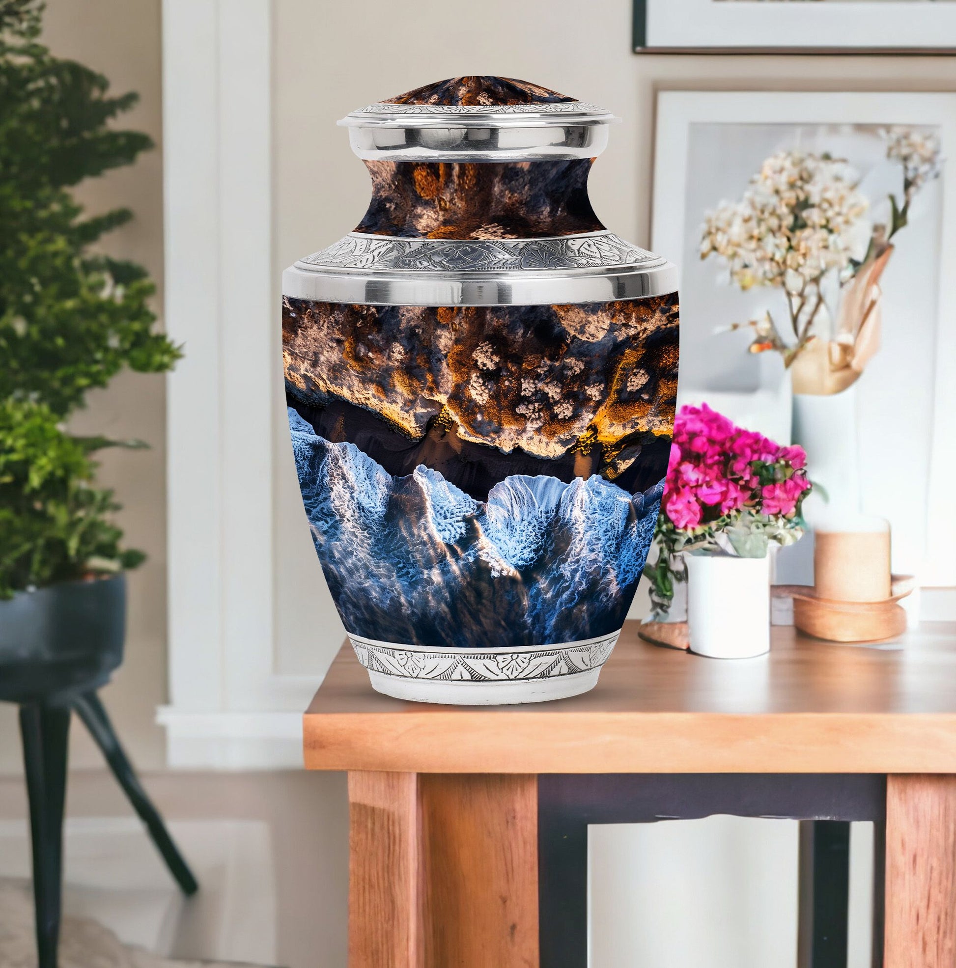 Ocean Waves Theme Large Urn With 1 Keepsake Urn