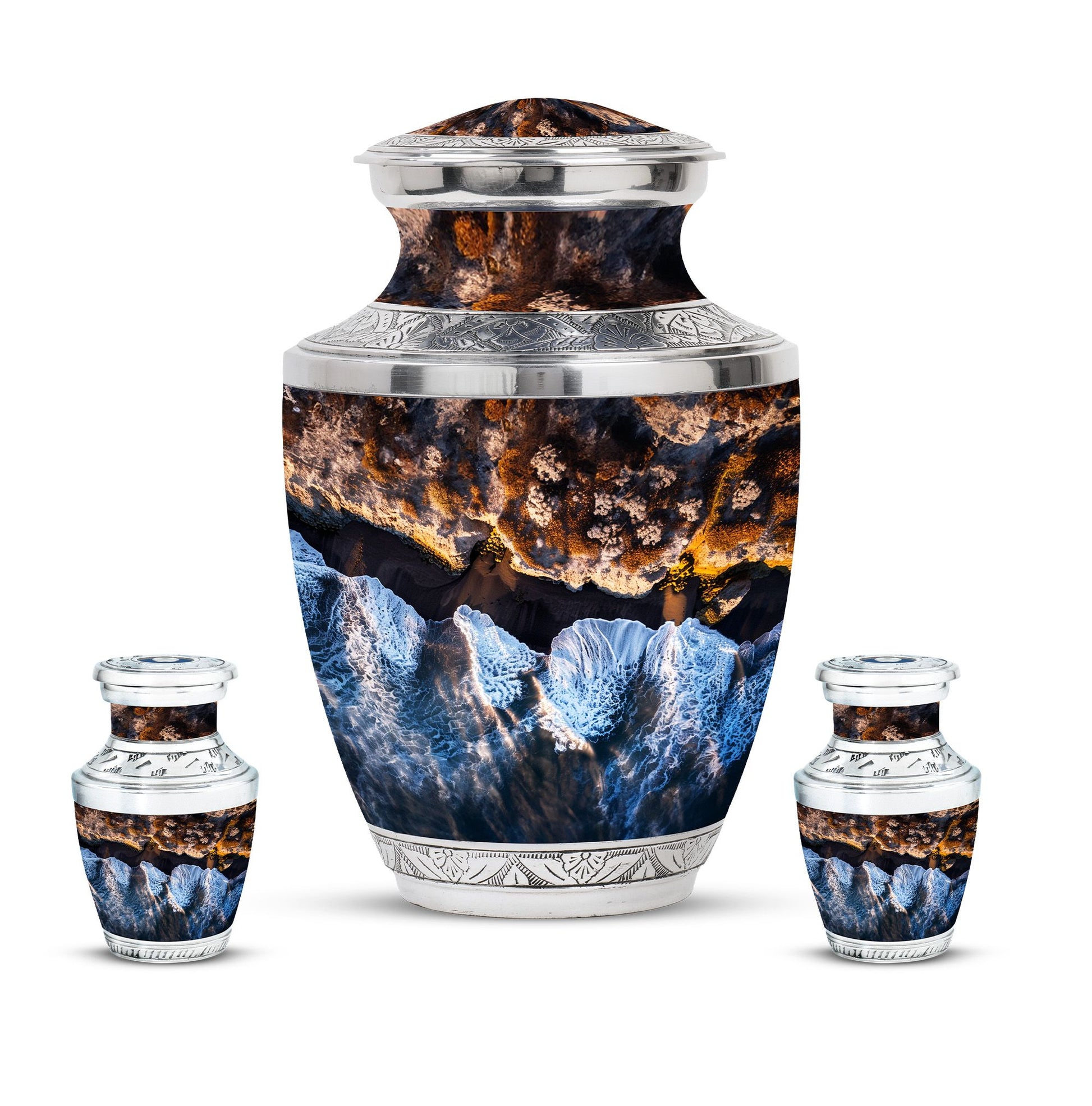 Ocean Waves Theme Large Urn With 2 Keepsake Urn