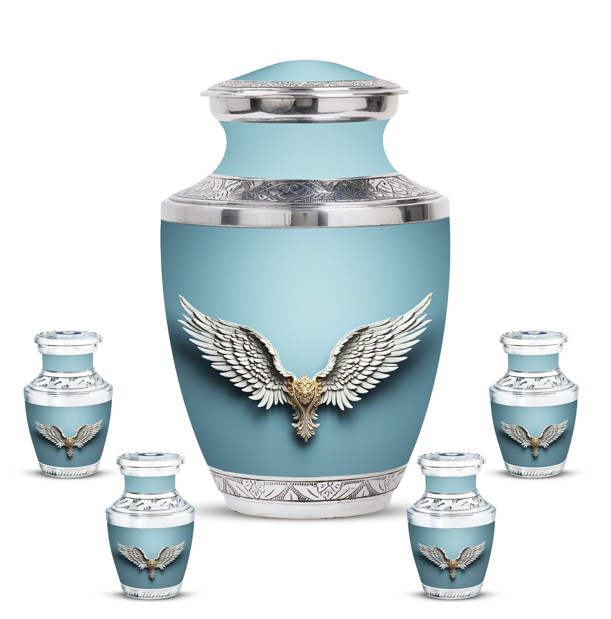 Wings Blue Theme Large Urn With 4 Keepsake Urn