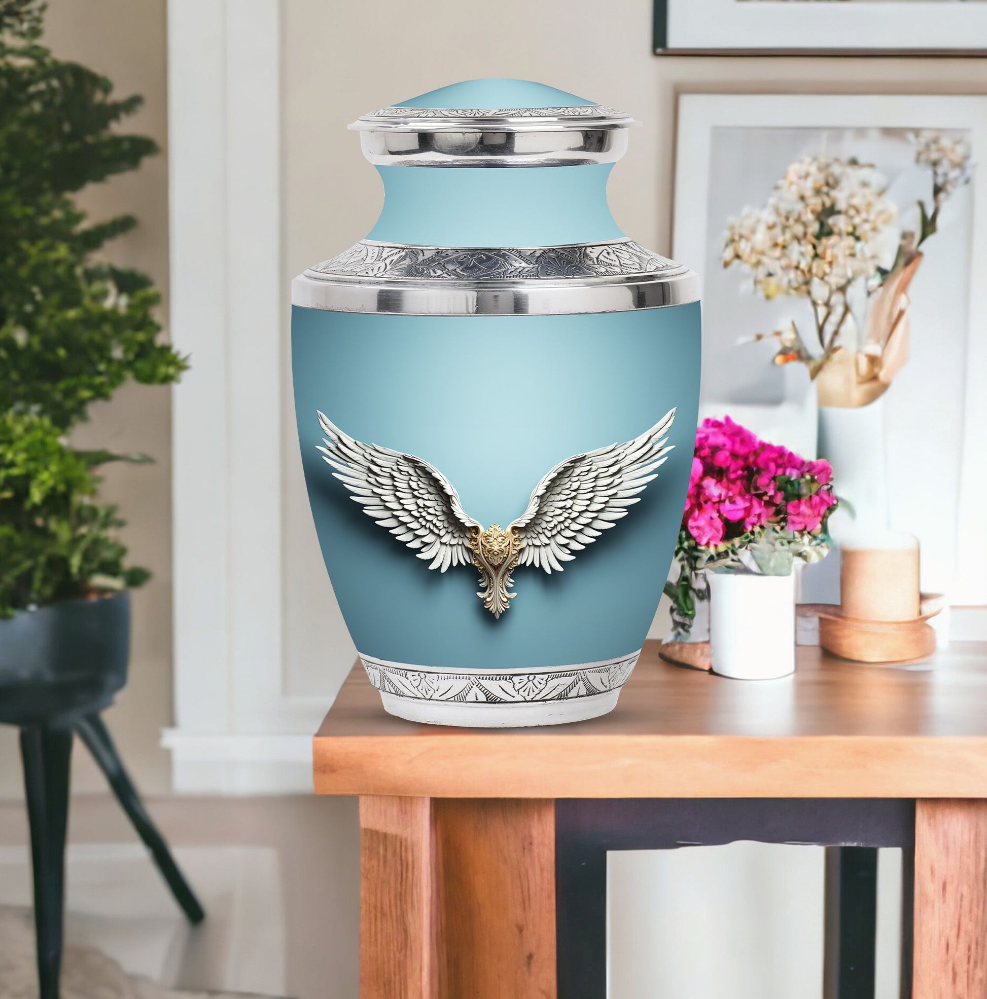 Wings Blue Theme Large Urn With 1 Keepsake Urn