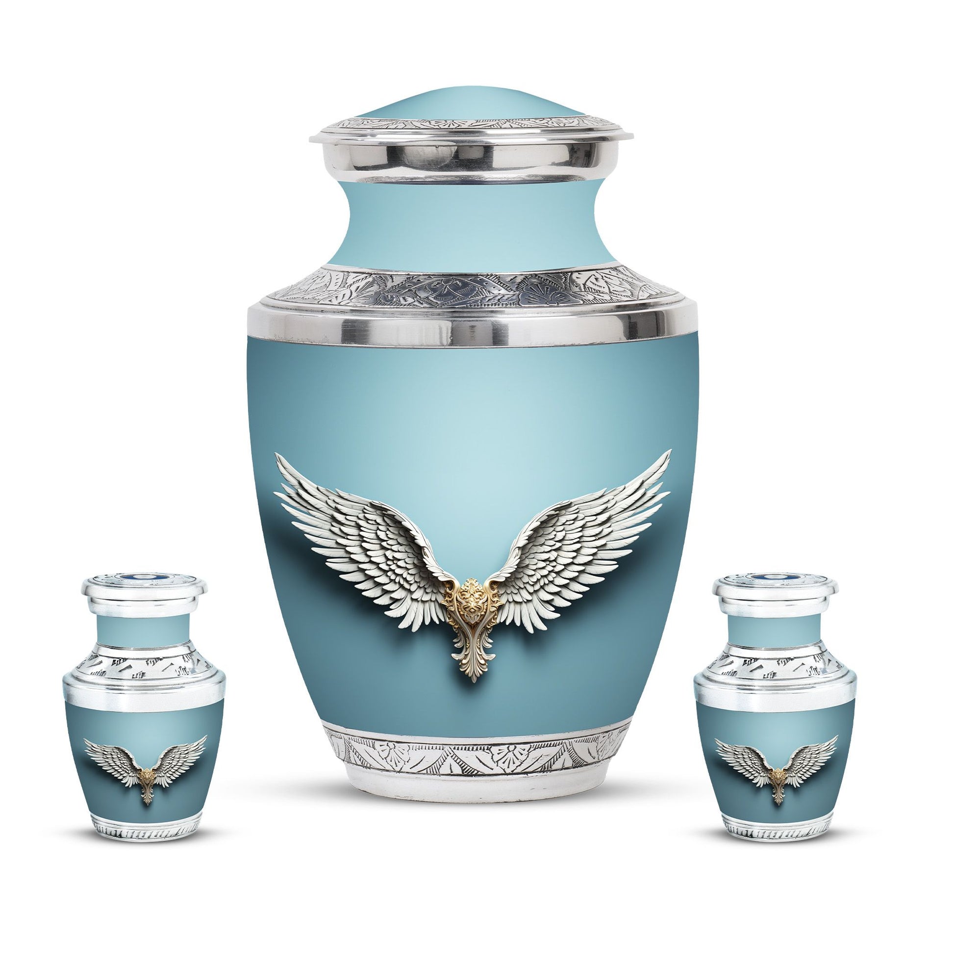 Wings Blue Theme Large Urn With 2 Keepsake Urn