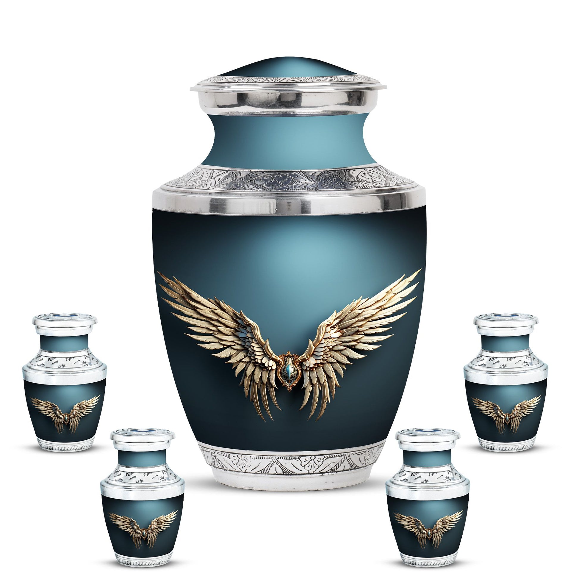 Wings Blue Theme Large Urn With 4 Keepsake Urn