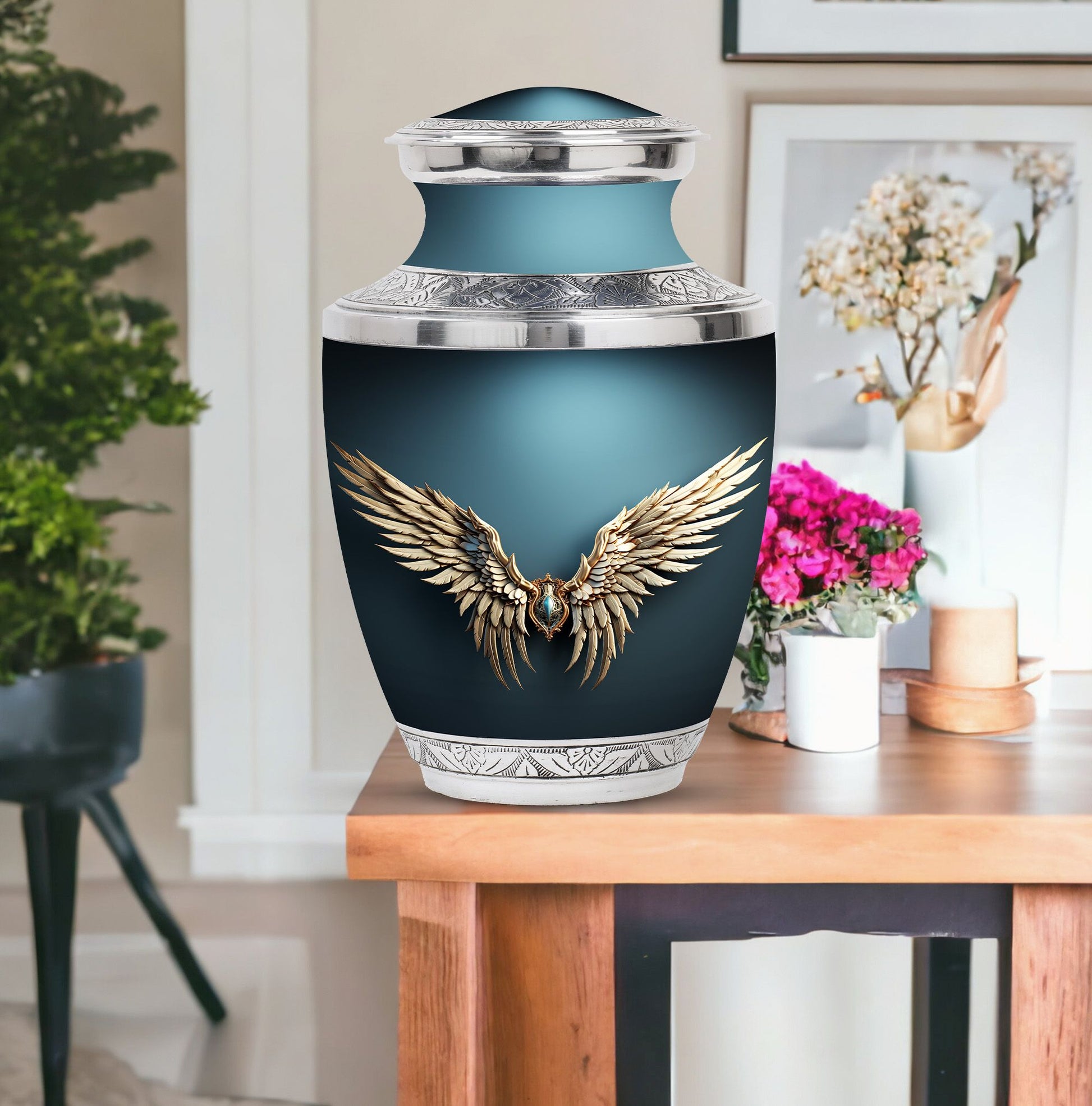 Wings Blue Theme Large Urn With 1 Keepsake Urn