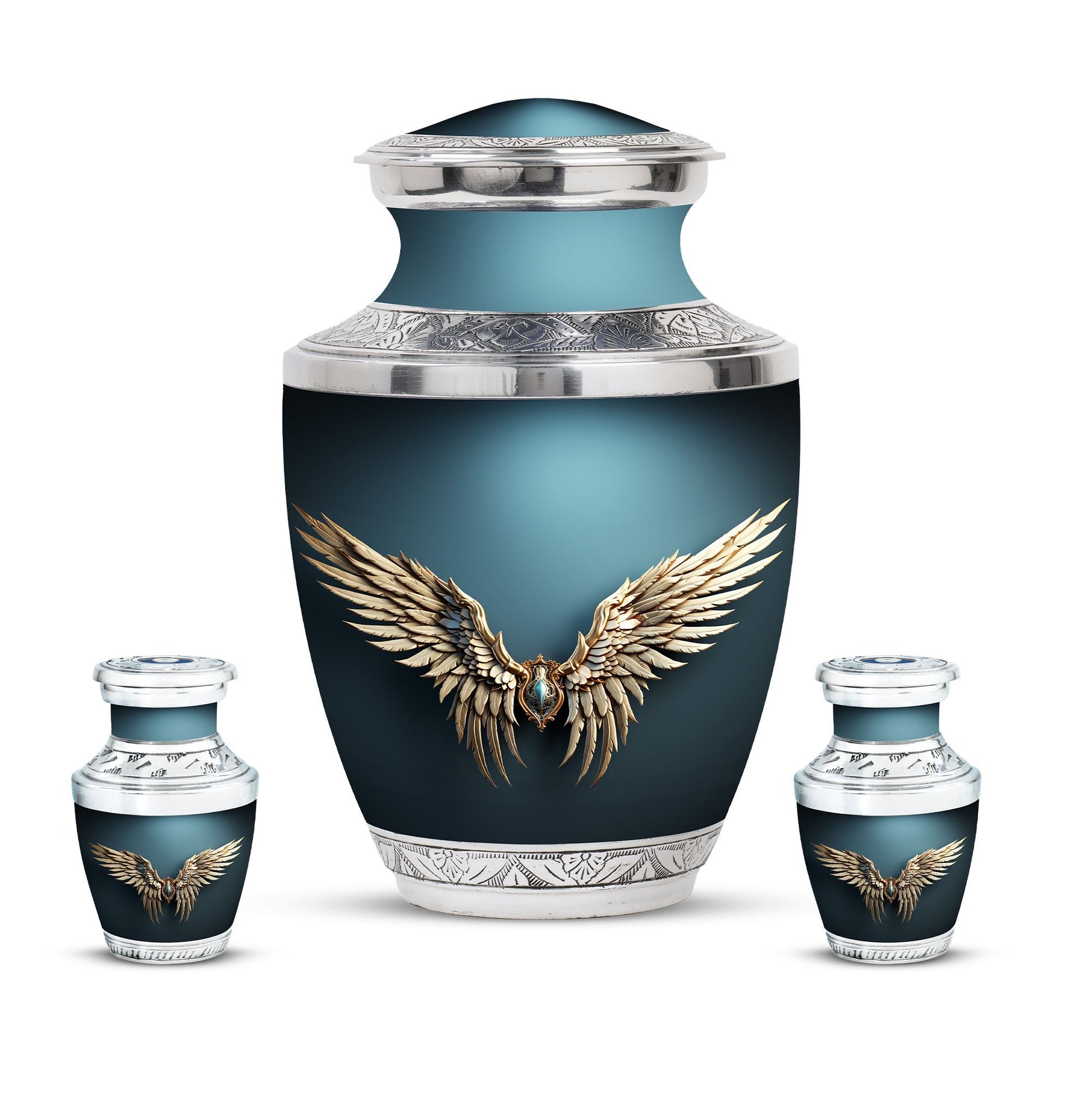 Wings Blue Theme Large Urn With 2 Keepsake Urn