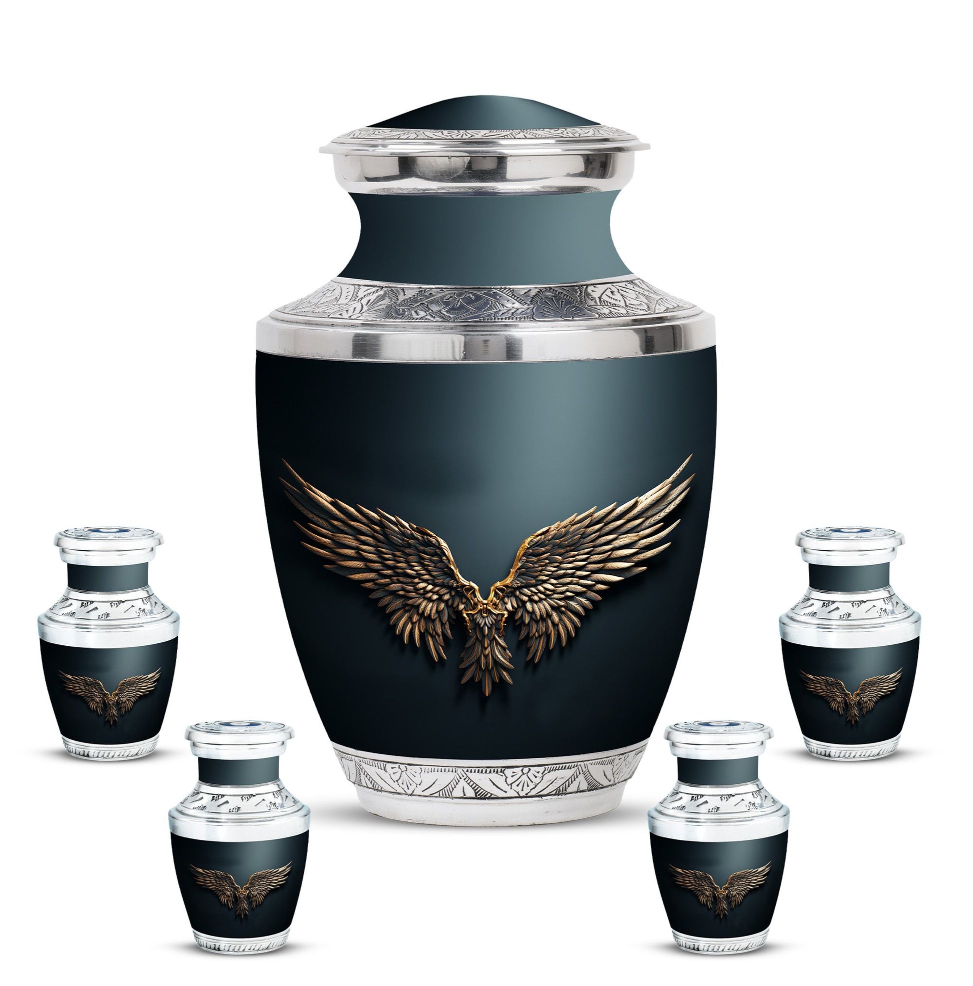 Wings Blue Theme Large Urn With 4 Keepsake Urn