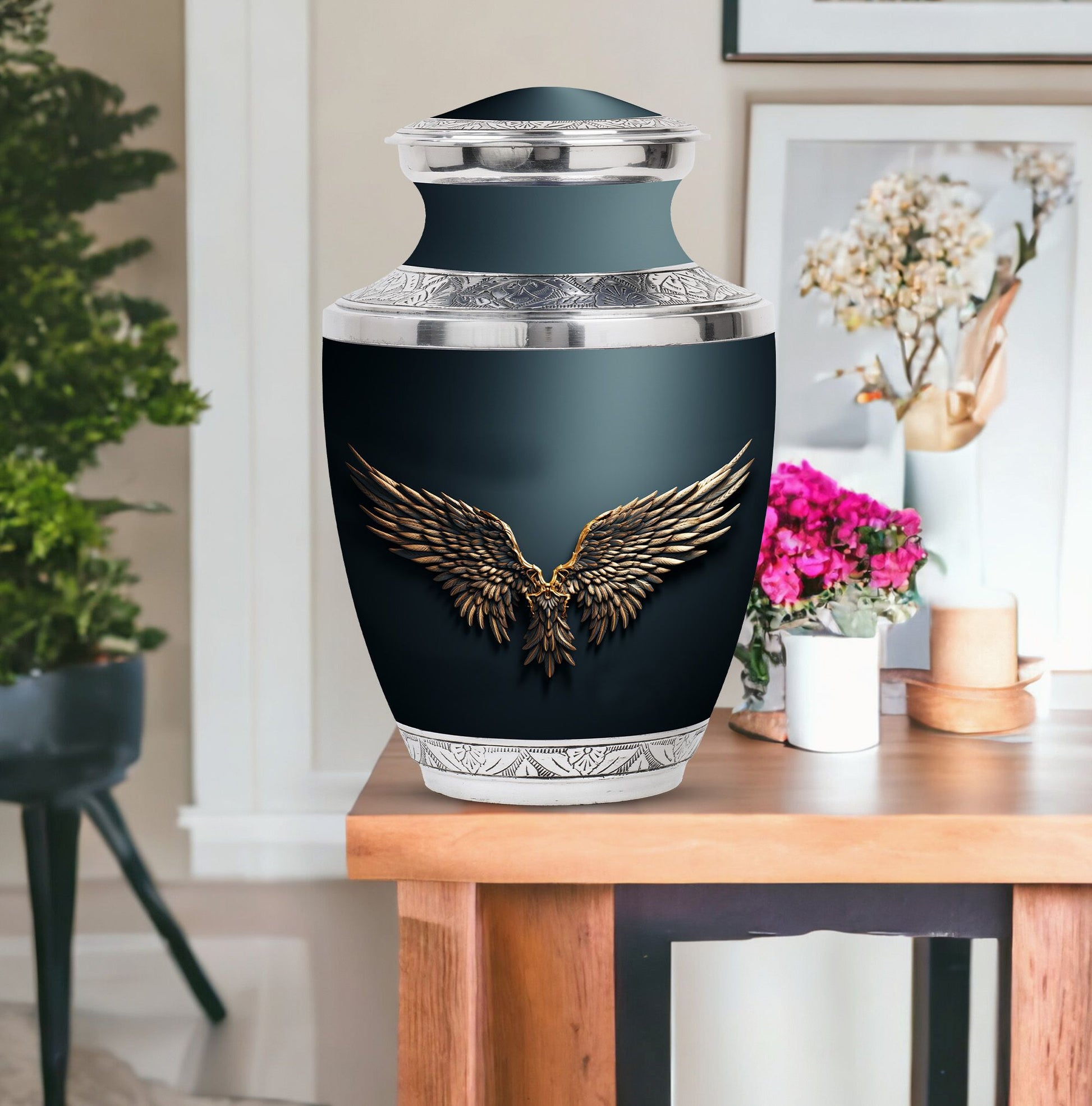 Wings Blue Theme Large Urn With 1 Keepsake Urn