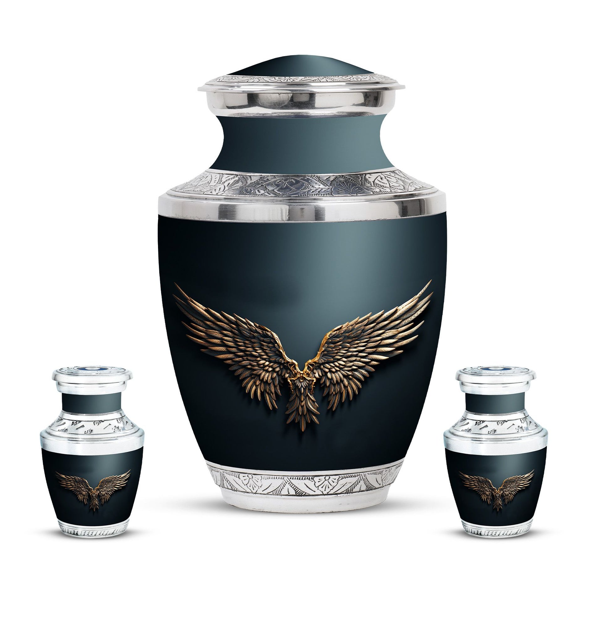 Wings Blue Theme Large Urn With 2 Keepsake Urn