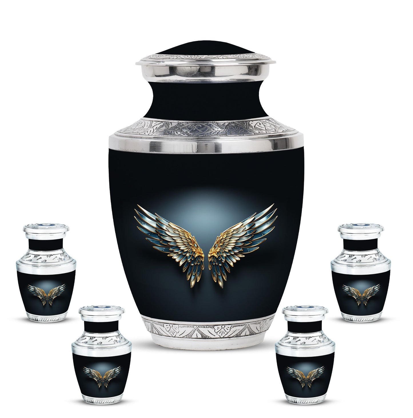 Wings Blue Theme Large Urn With 4 Keepsake Urn