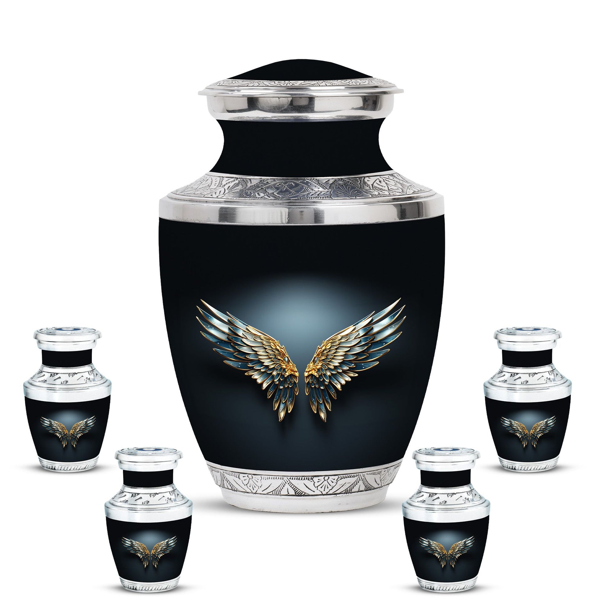 Wings Blue Theme Large Urn With 4 Keepsake Urn