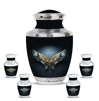 Wings Blue Theme Large Urn With 4 Keepsake Urn