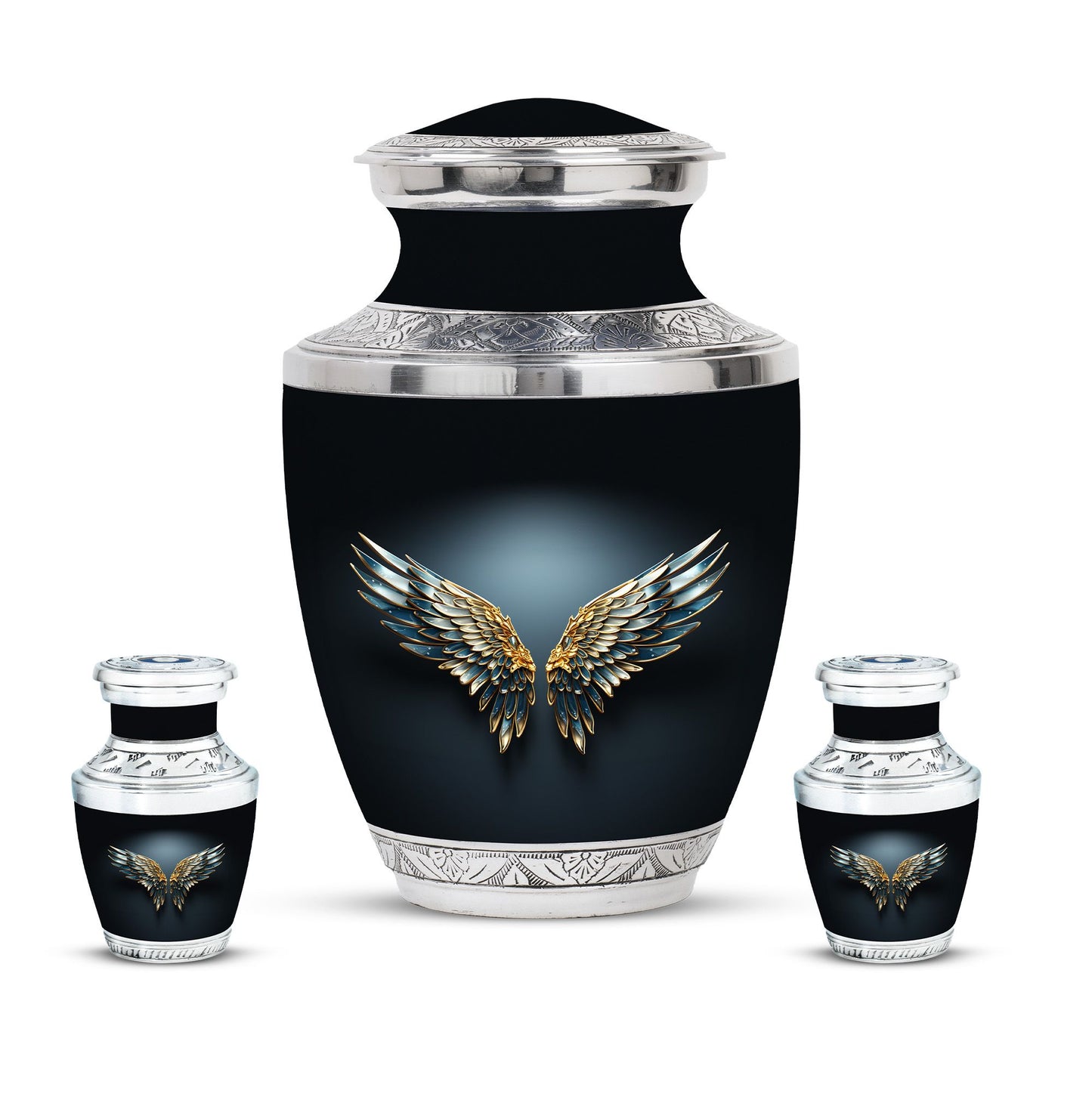 Wings Blue Theme Large Urn With 2 Keepsake Urn