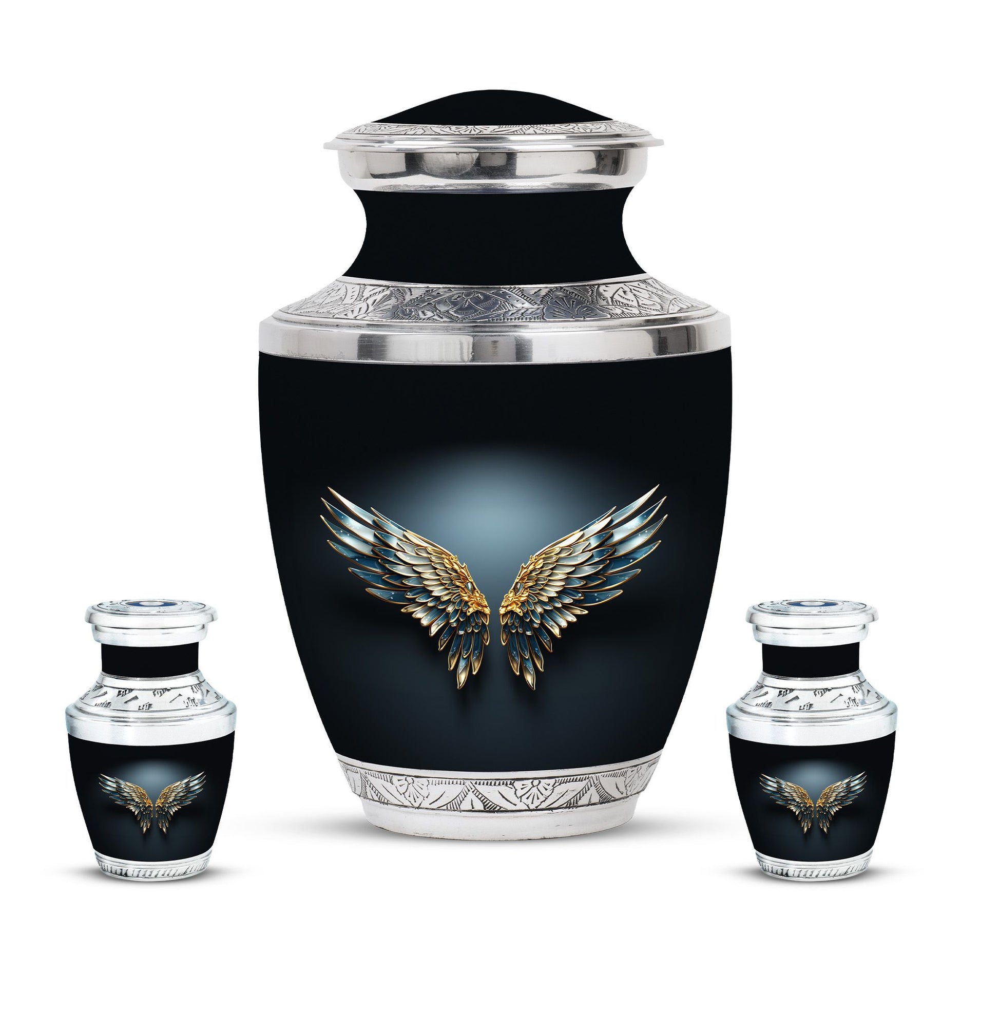 Wings Blue Theme Large Urn With 2 Keepsake Urn
