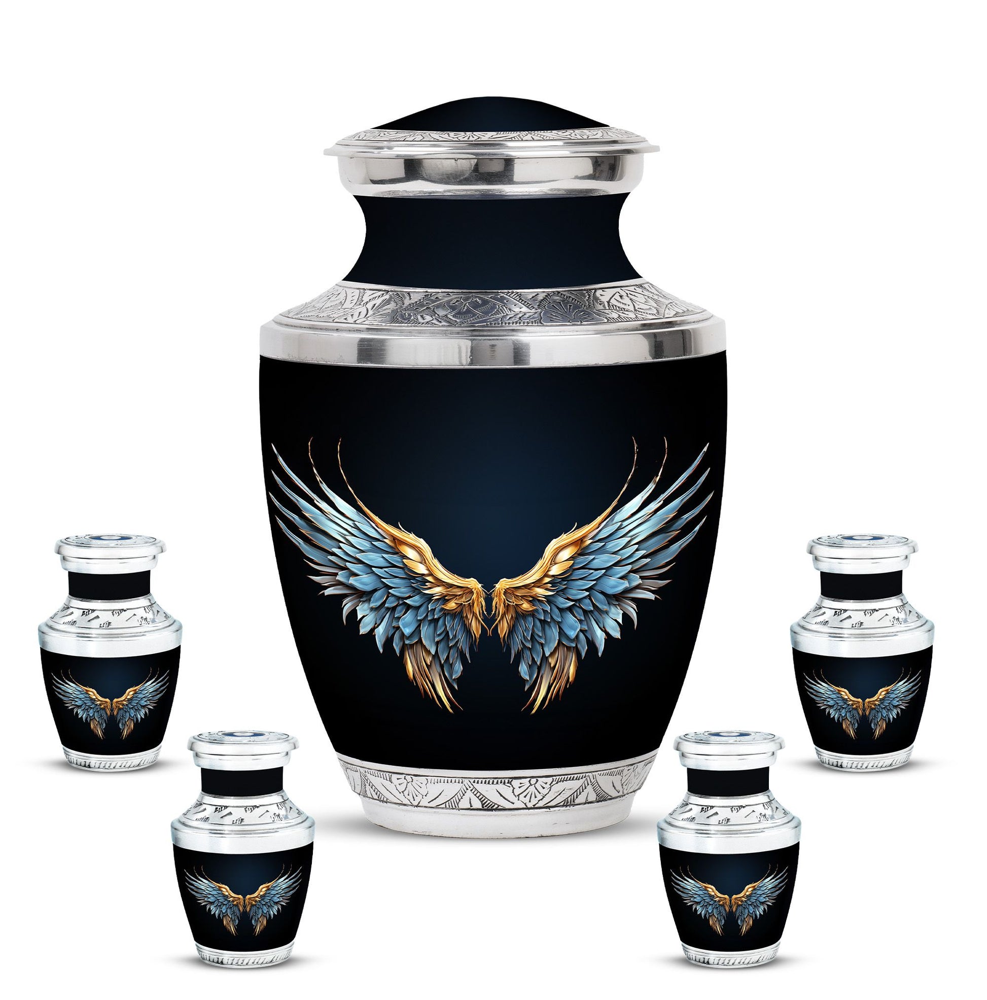 Wings Blue Theme Large Urn With 4 Keepsake Urn