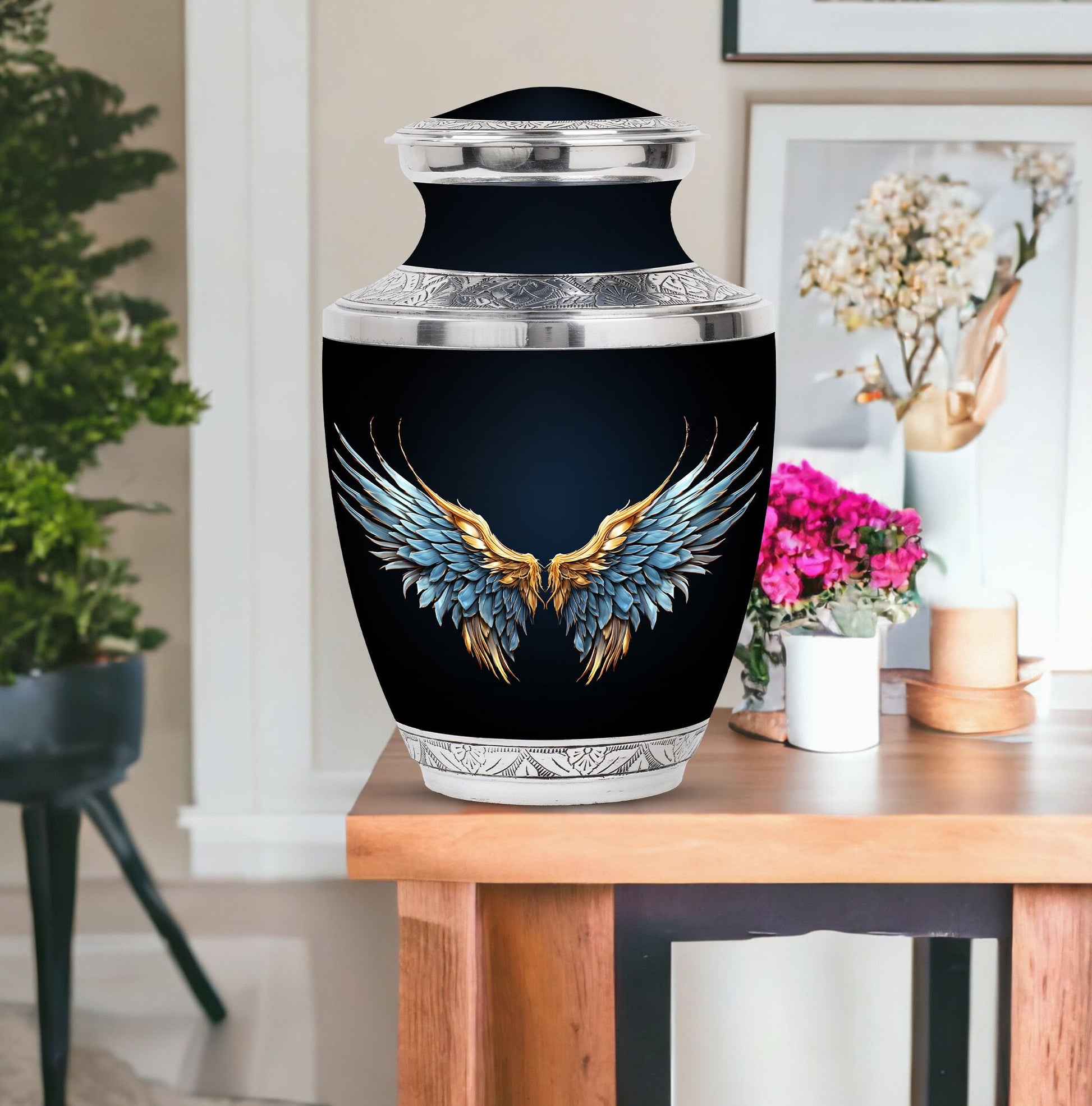 Wings Blue Theme Large Urn With 1 Keepsake Urn