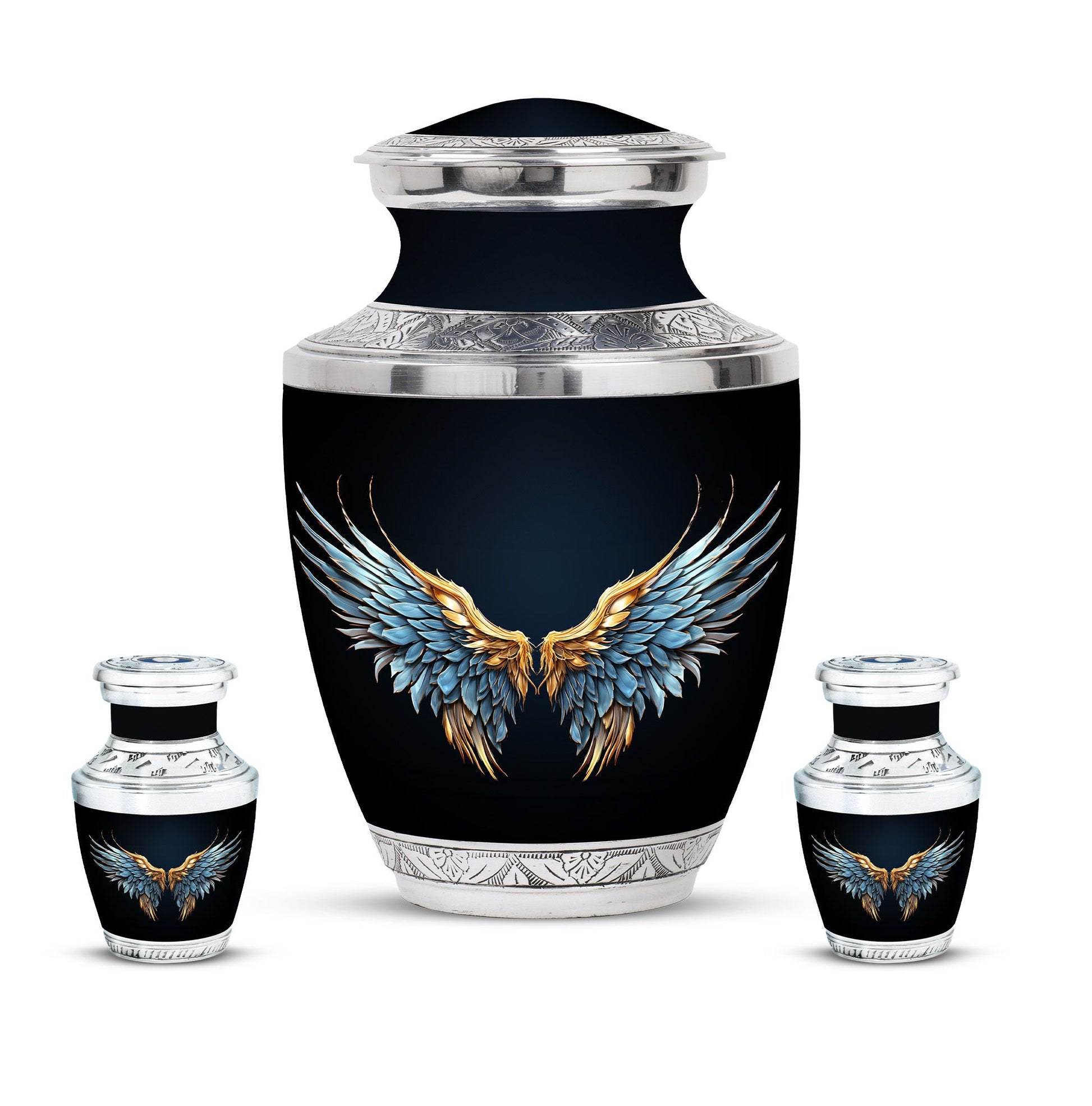 Wings Blue Theme Large Urn With 2 Keepsake Urn
