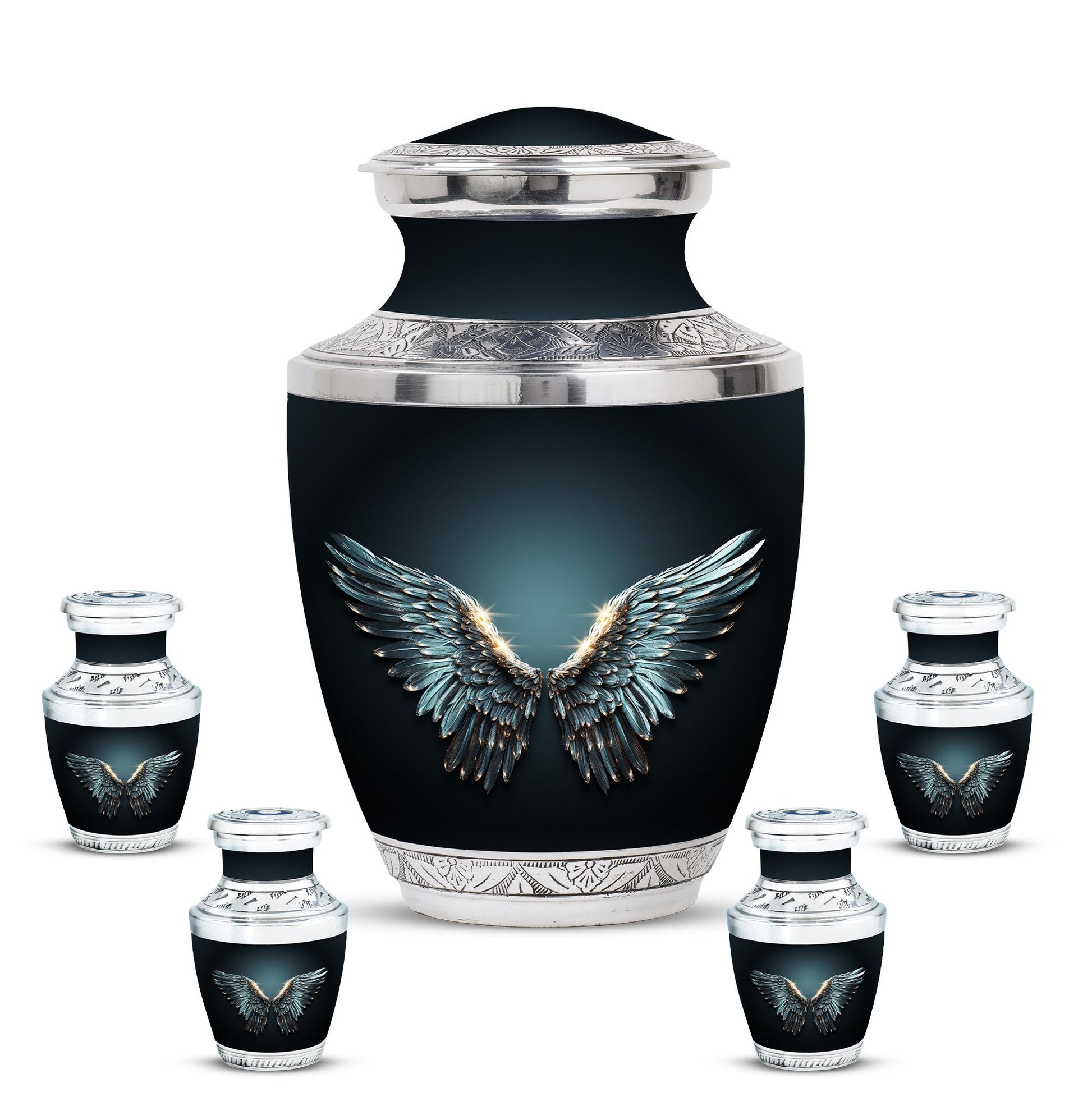 Wings Blue Theme Large Urn With 4 Keepsake Urn