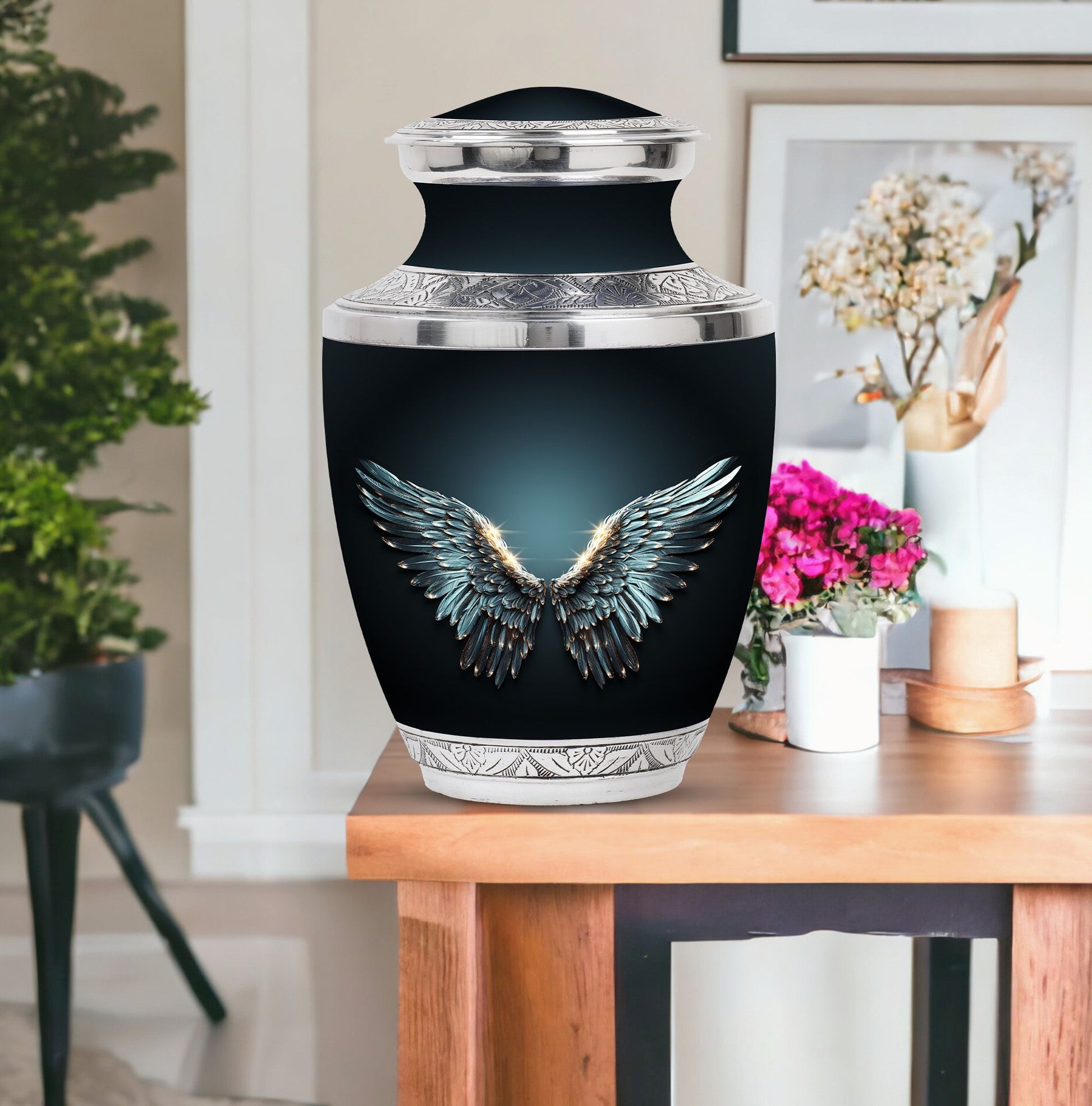 Wings Blue Theme Large Urn With 1 Keepsake Urn