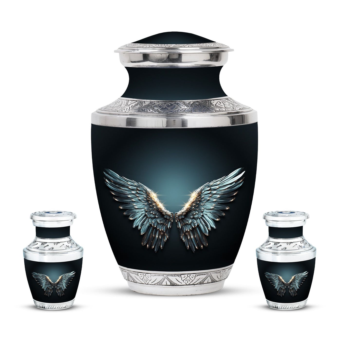 Wings Blue Theme Large Urn With 2 Keepsake Urn