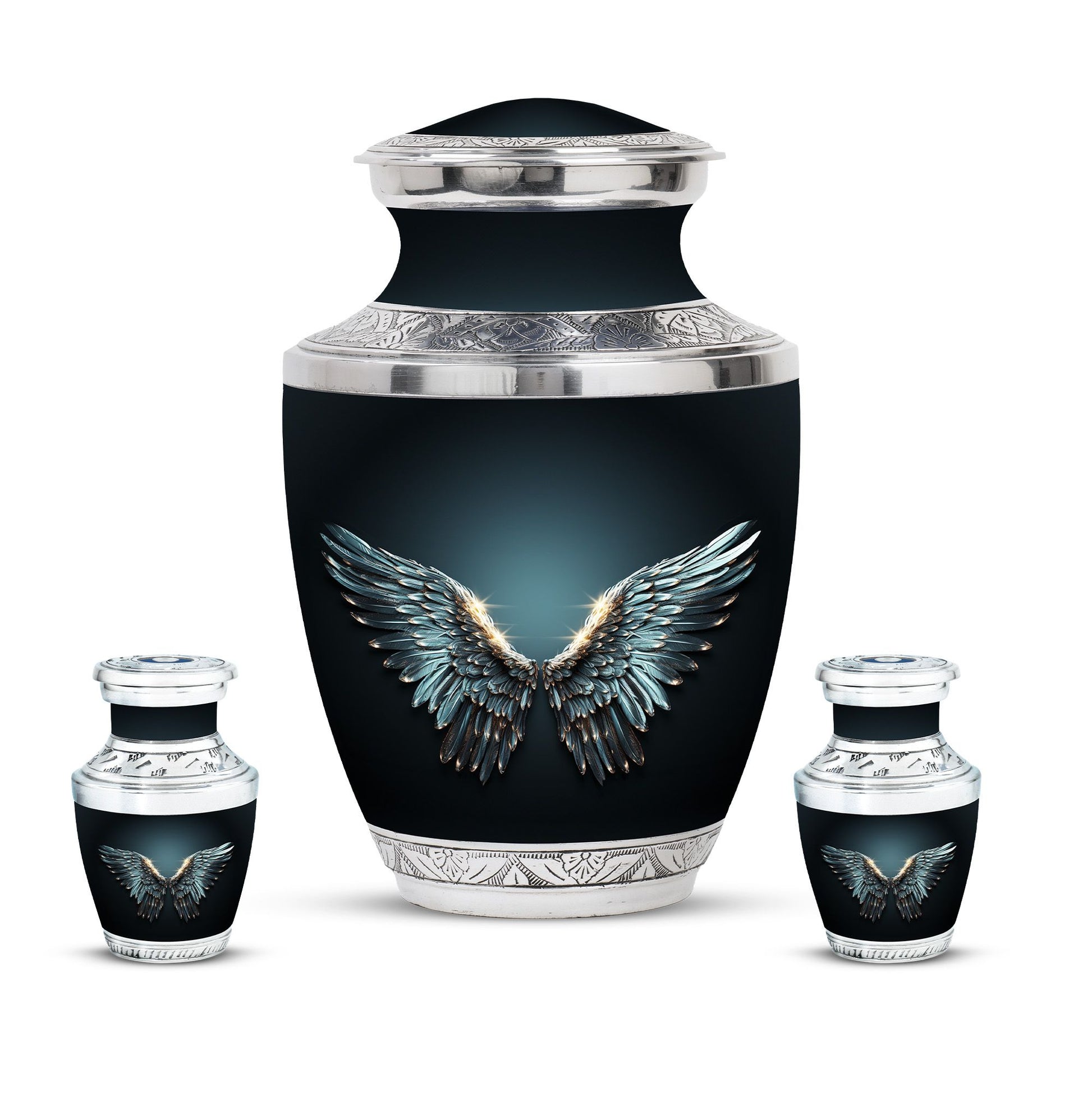 Wings Blue Theme Large Urn With 2 Keepsake Urn