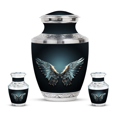 Wings Blue Theme Large Urn With 2 Keepsake Urn