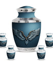 Wings Blue Theme Large Urn With 4 Keepsake Urn