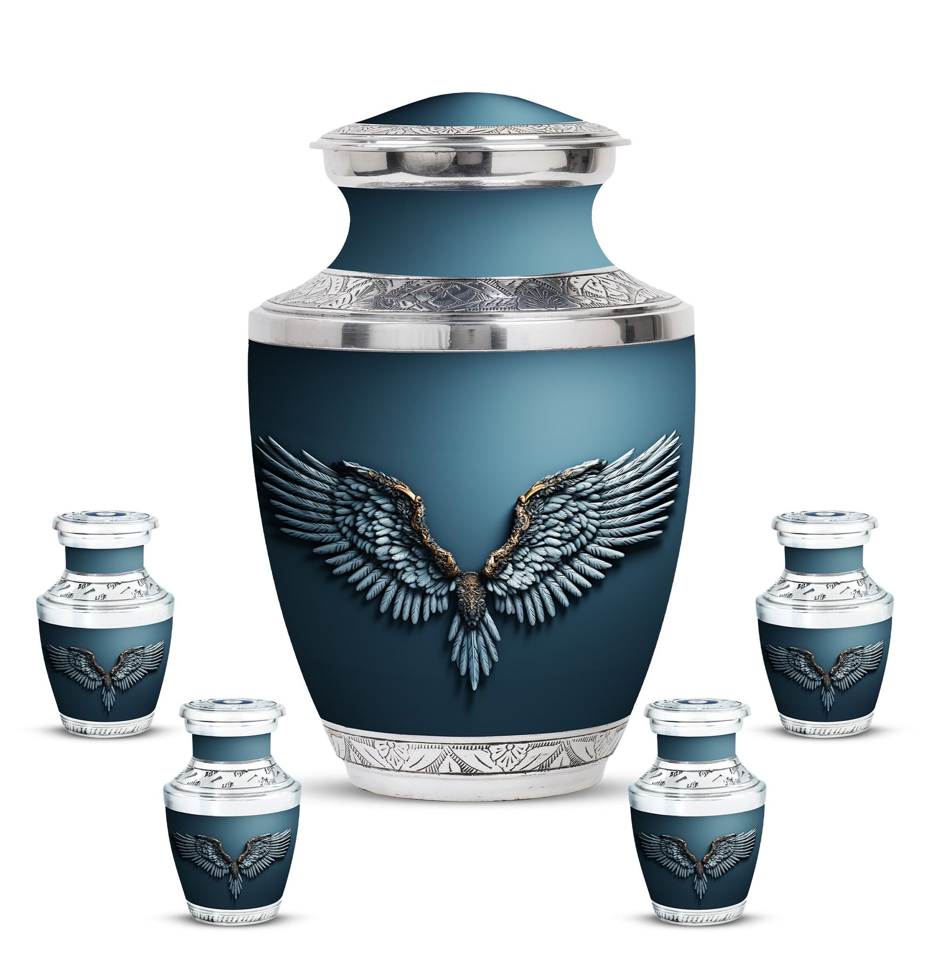 Wings Blue Theme Large Urn With 4 Keepsake Urn