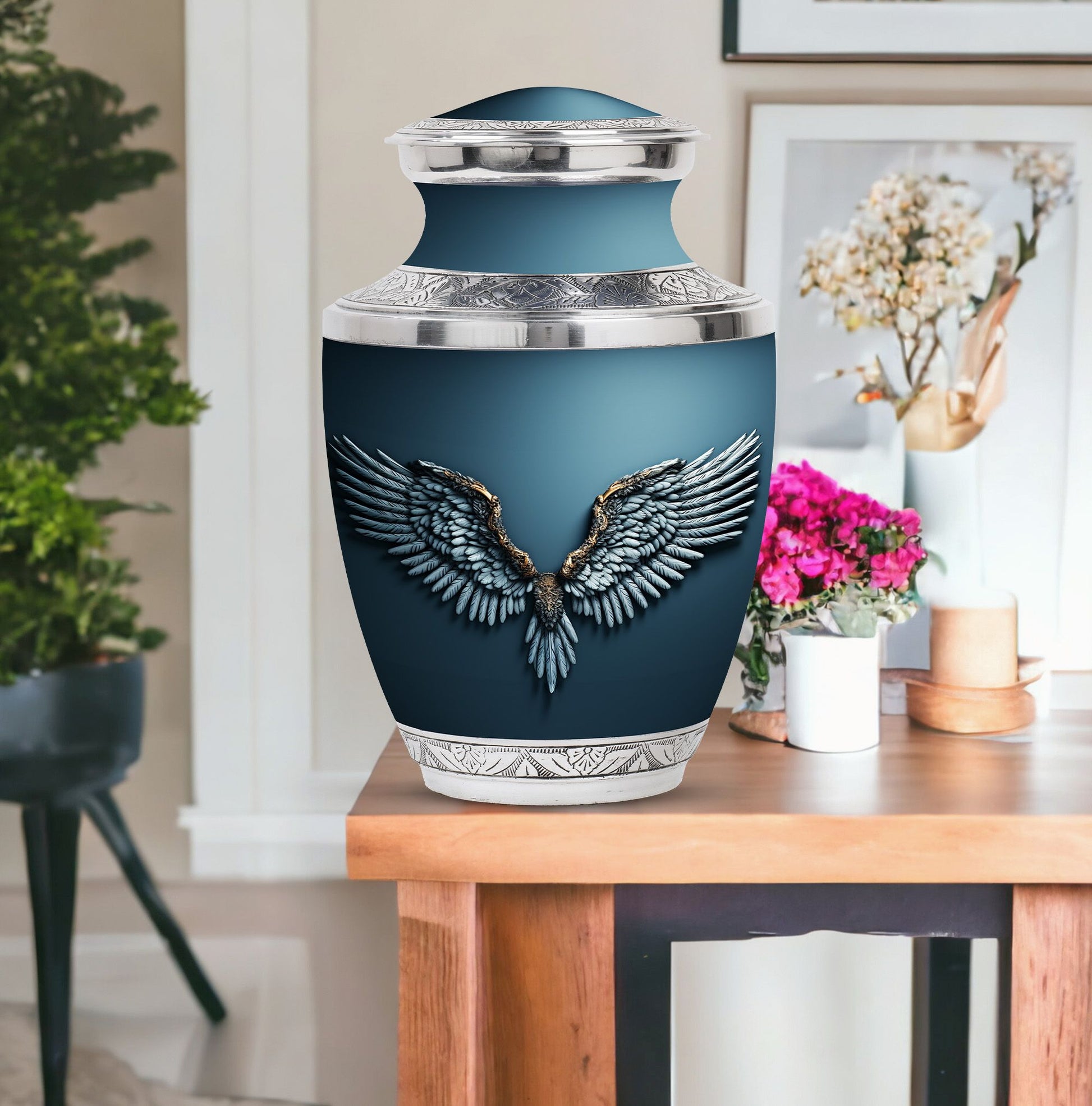 Wings Blue Theme Large Urn With 1 Keepsake Urn