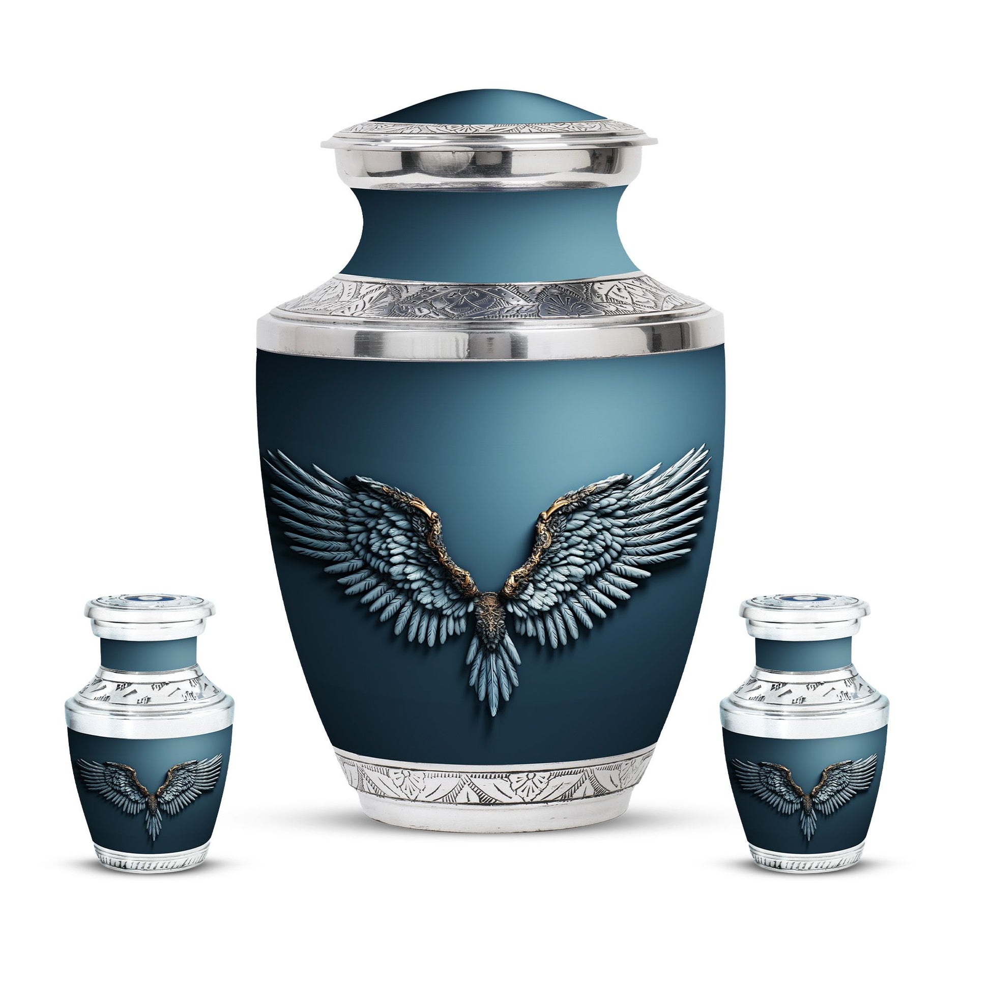 Wings Blue Theme Large Urn With 2 Keepsake Urn
