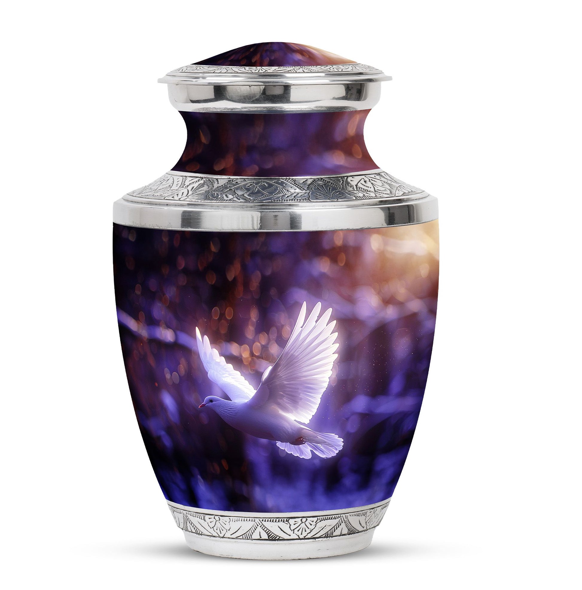 White Dove On Purple Theme Large Urn 10 Inch