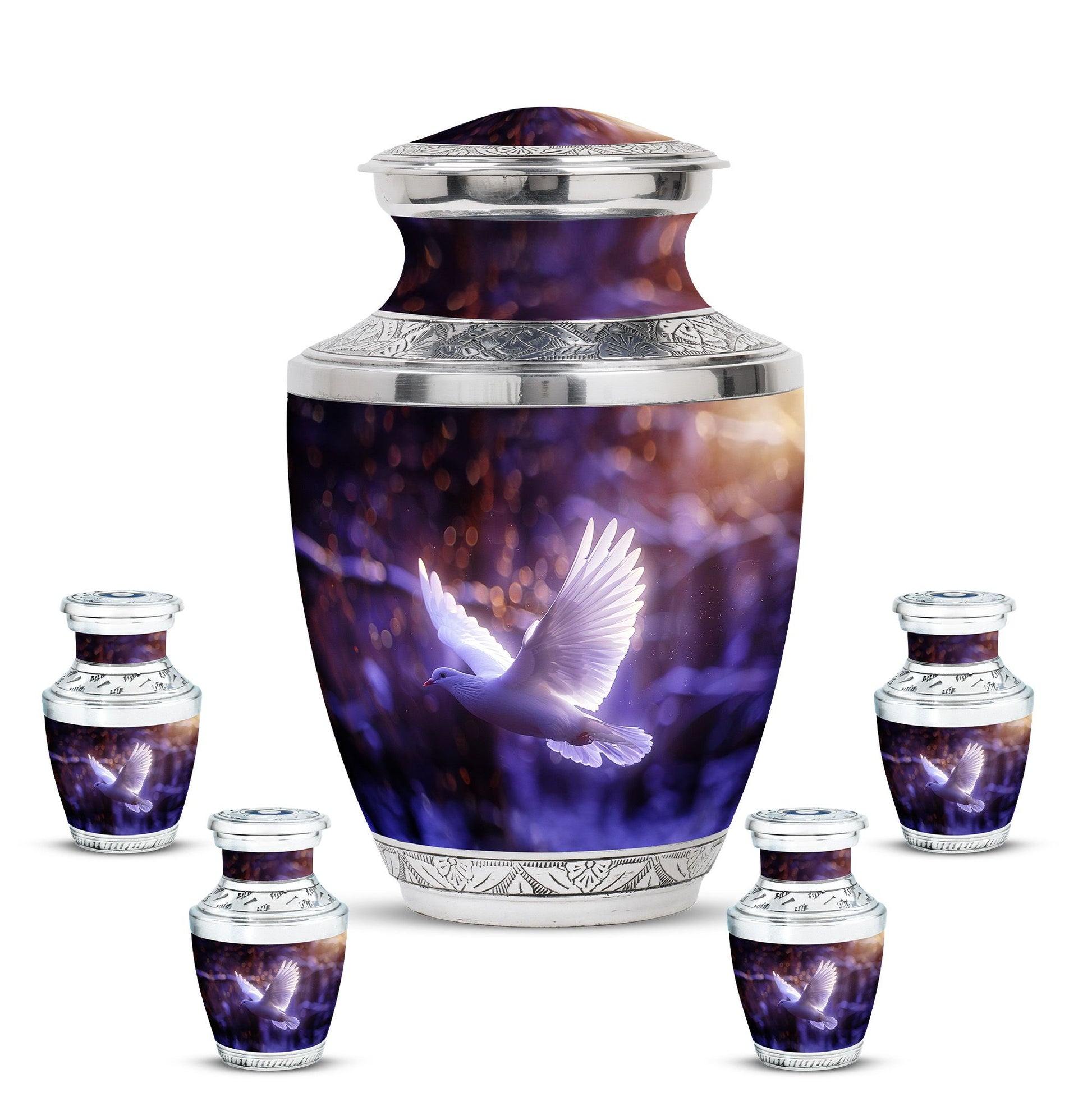 White Dove On Purple Theme Large Urn With 4 Keepsake Urn
