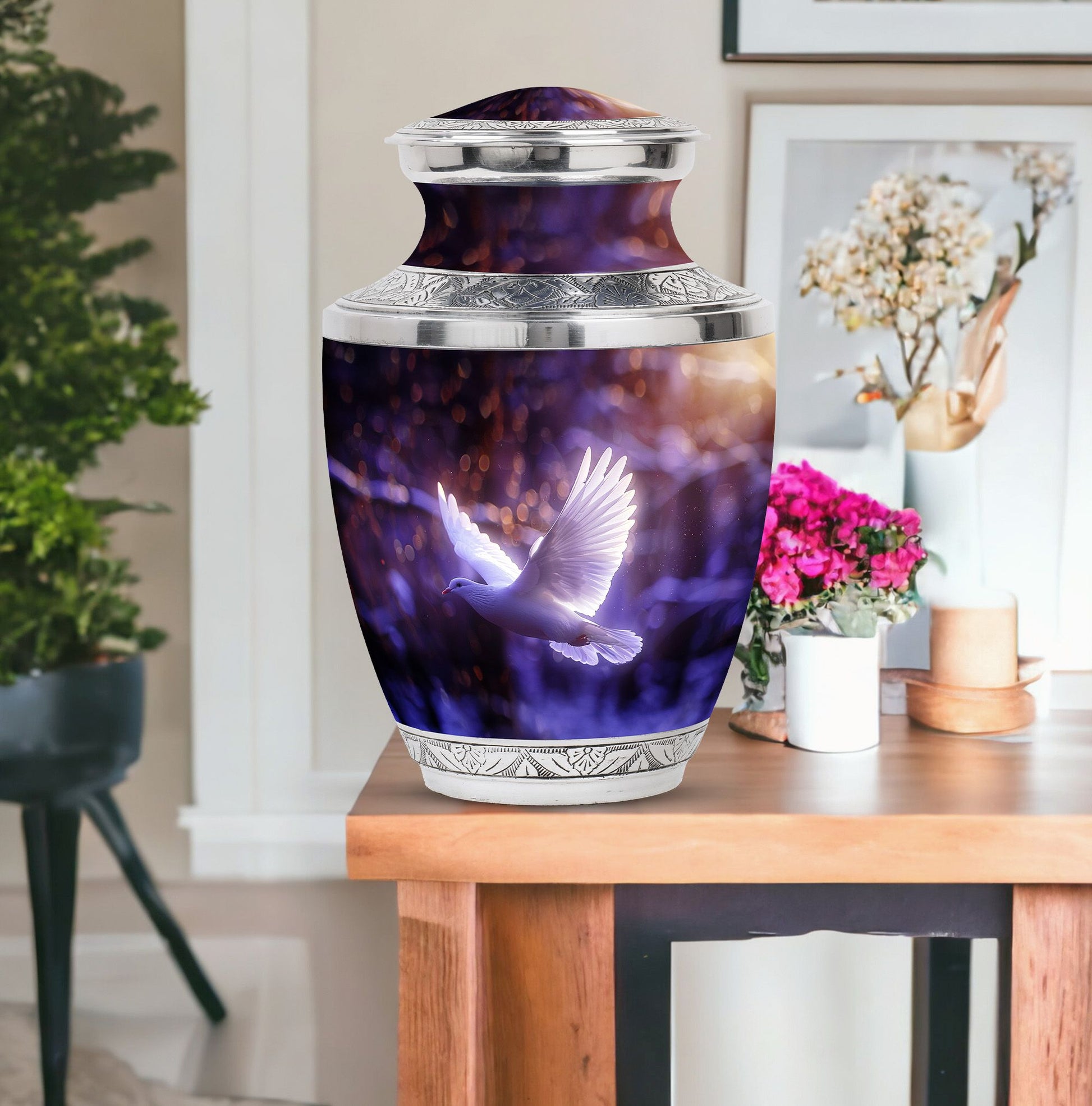 White Dove On Purple Theme Large Urn With 1 Keepsake Urn
