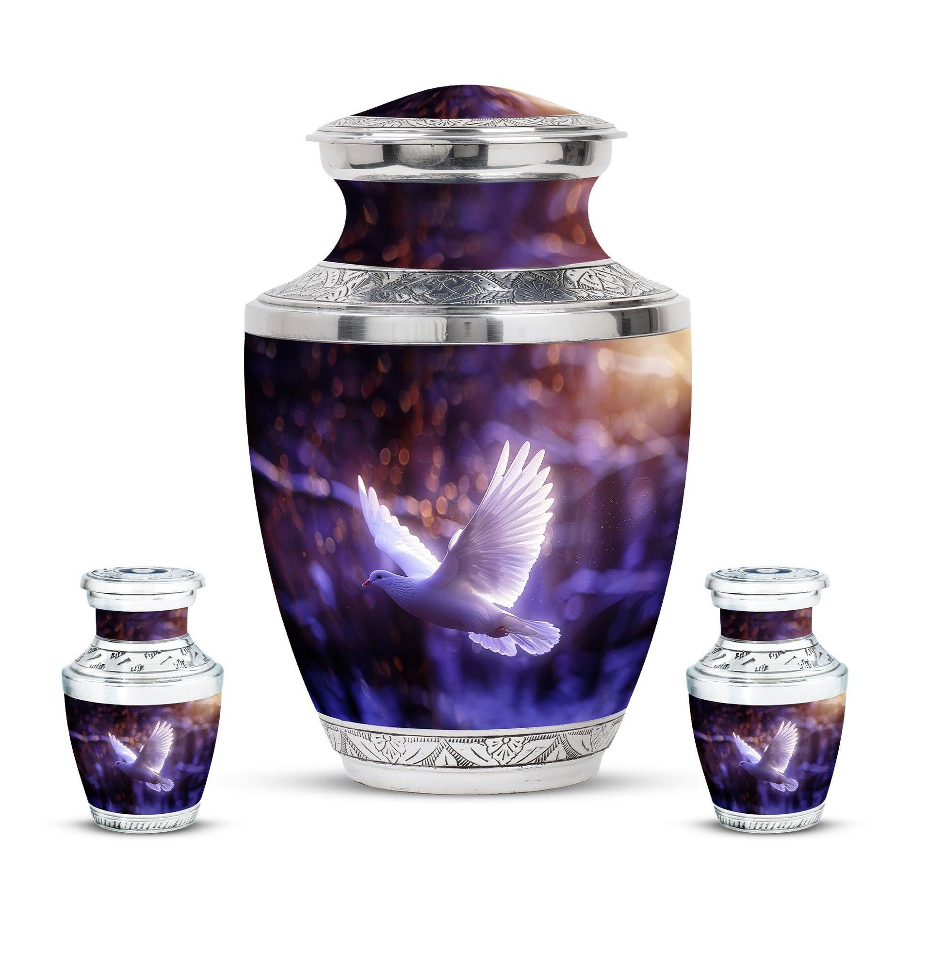 White Dove On Purple Theme Large Urn With 2 Keepsake Urn