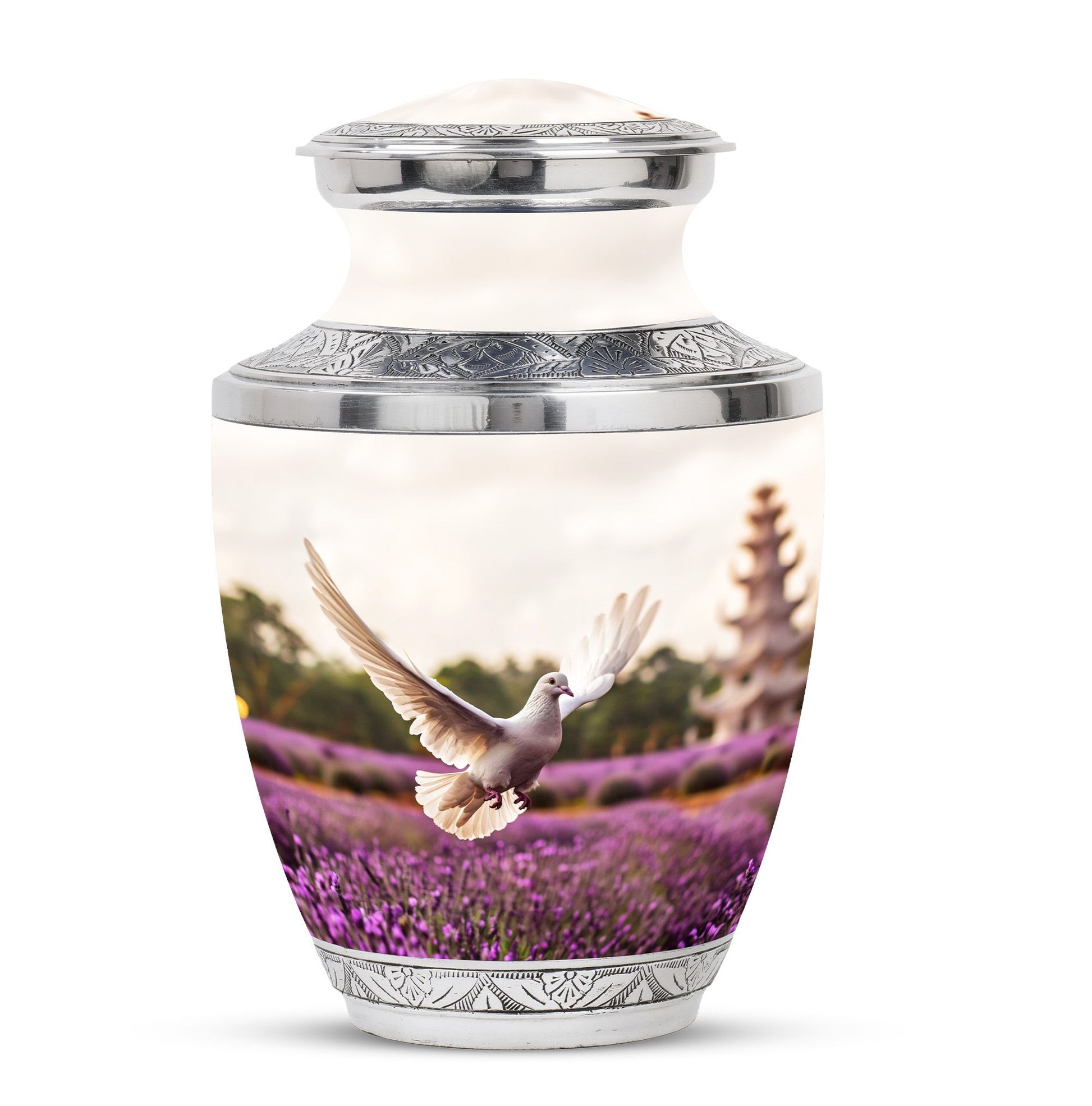 White Dove On Purple Theme Large Urn 10 Inch