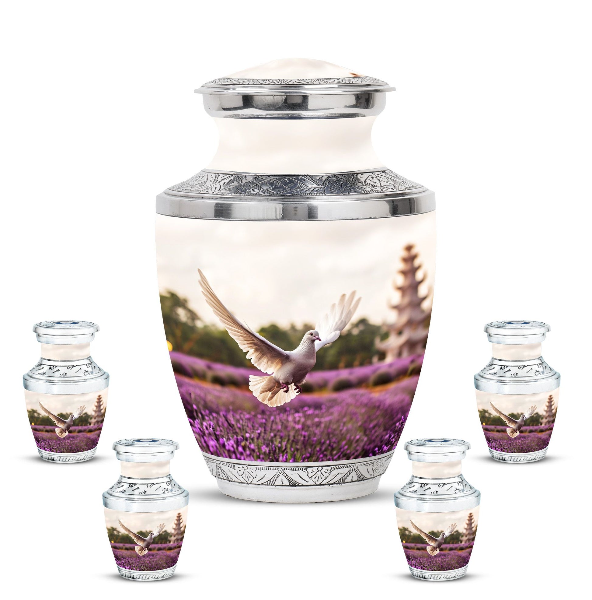 White Dove On Purple Theme Large Urn With 4 Keepsake Urn