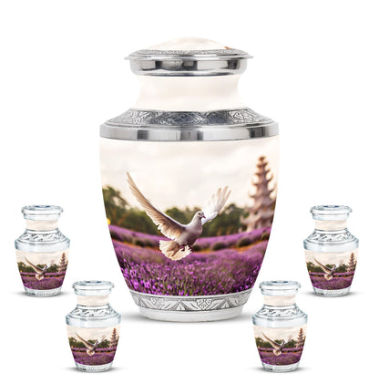 White Dove On Purple Theme Large Urn With 4 Keepsake Urn