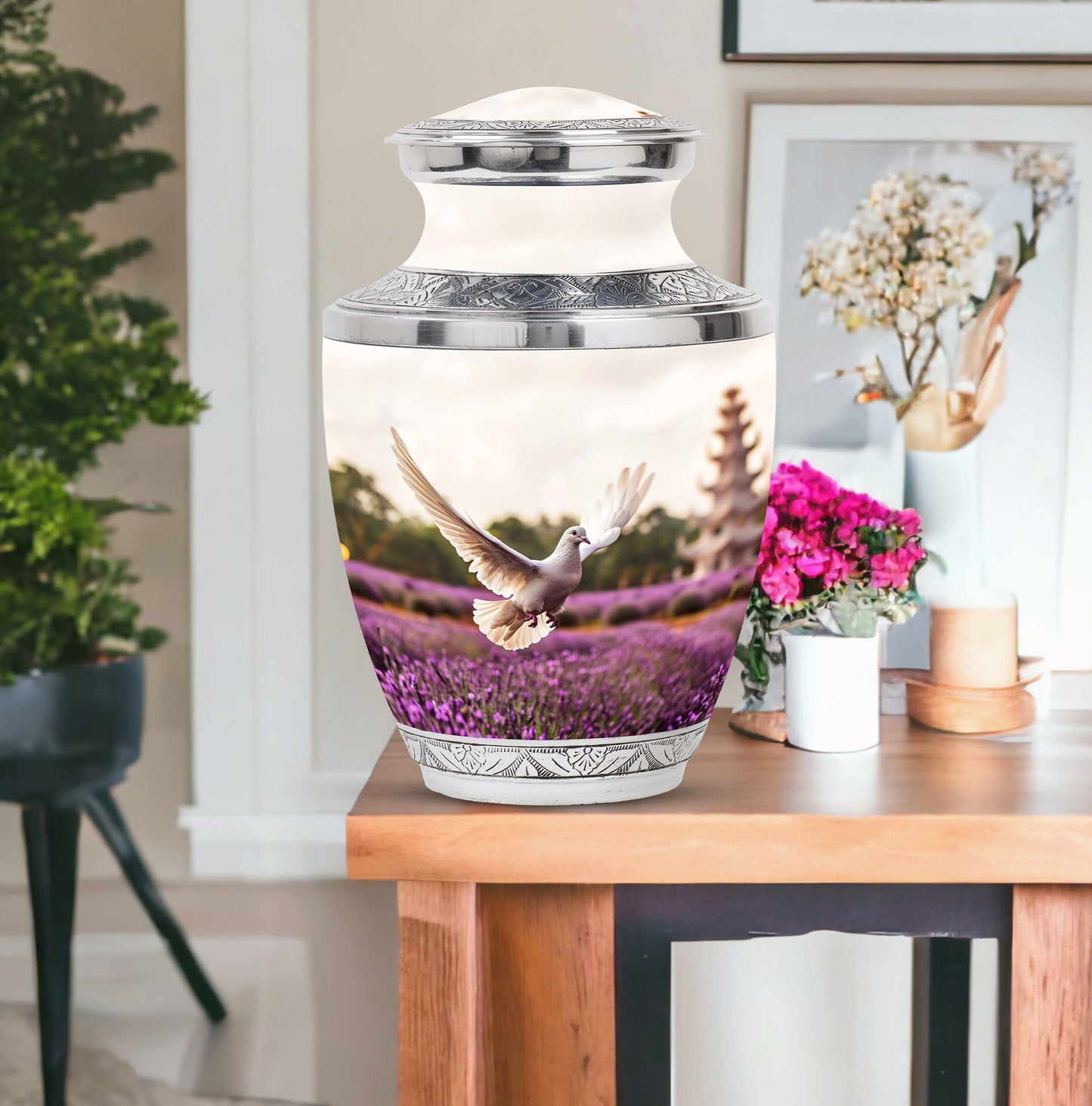 White Dove On Purple Theme Large Urn With 1 Keepsake Urn