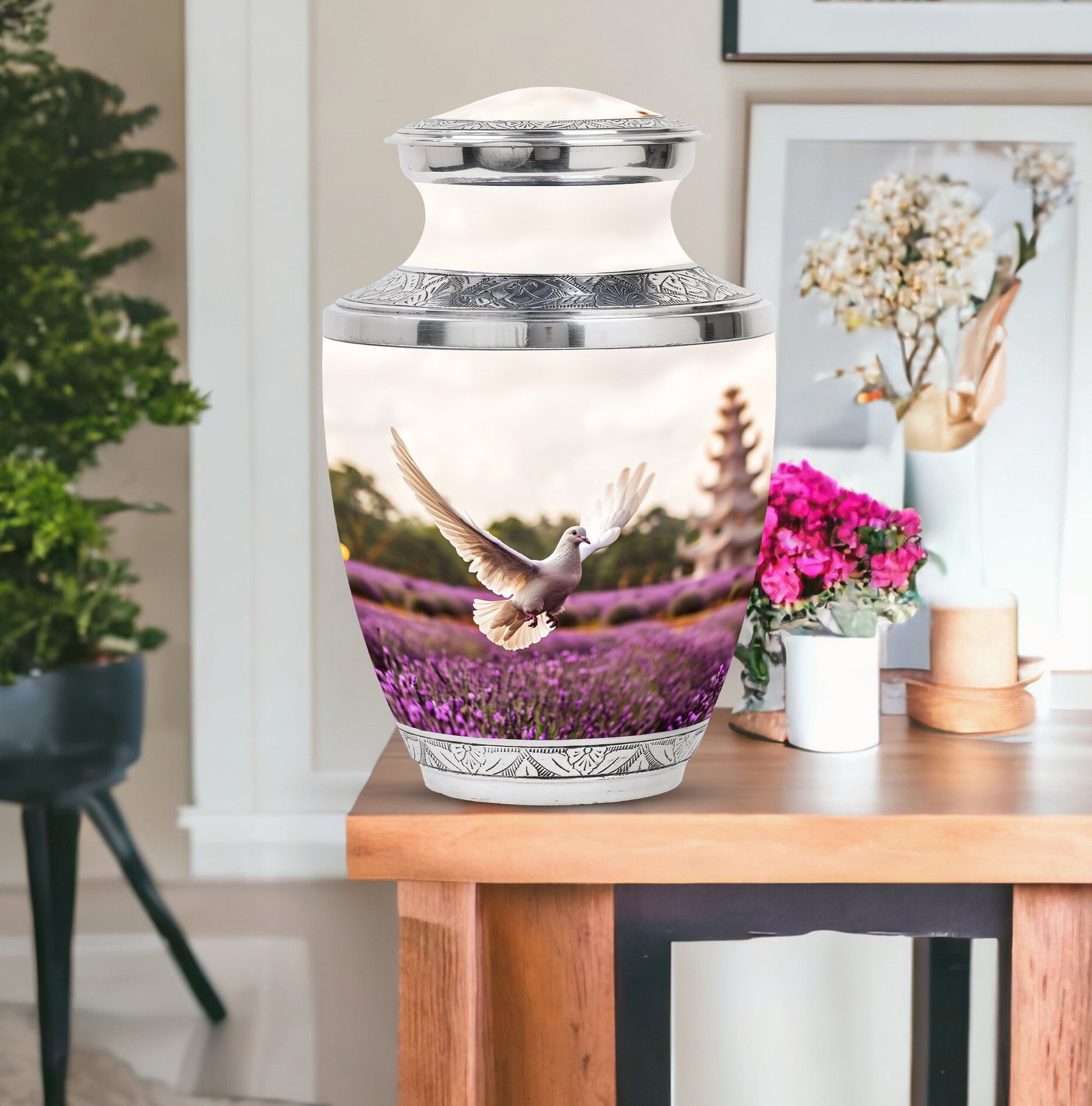 White Dove On Purple Theme Large Urn With 1 Keepsake Urn